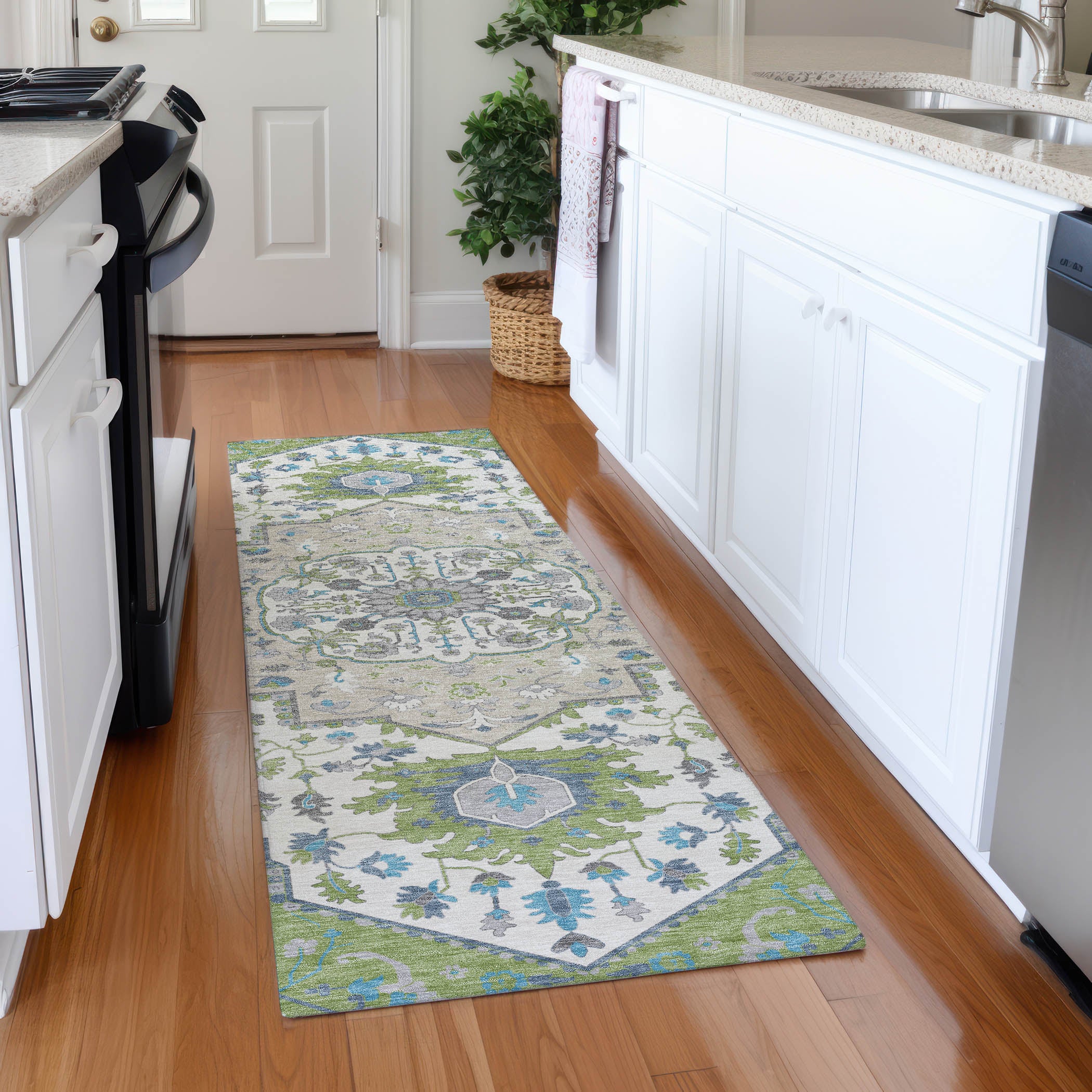 Oslo Machine Washable Traditional Aloe Green Rug 2'3" x 7'6" #shape_Runner