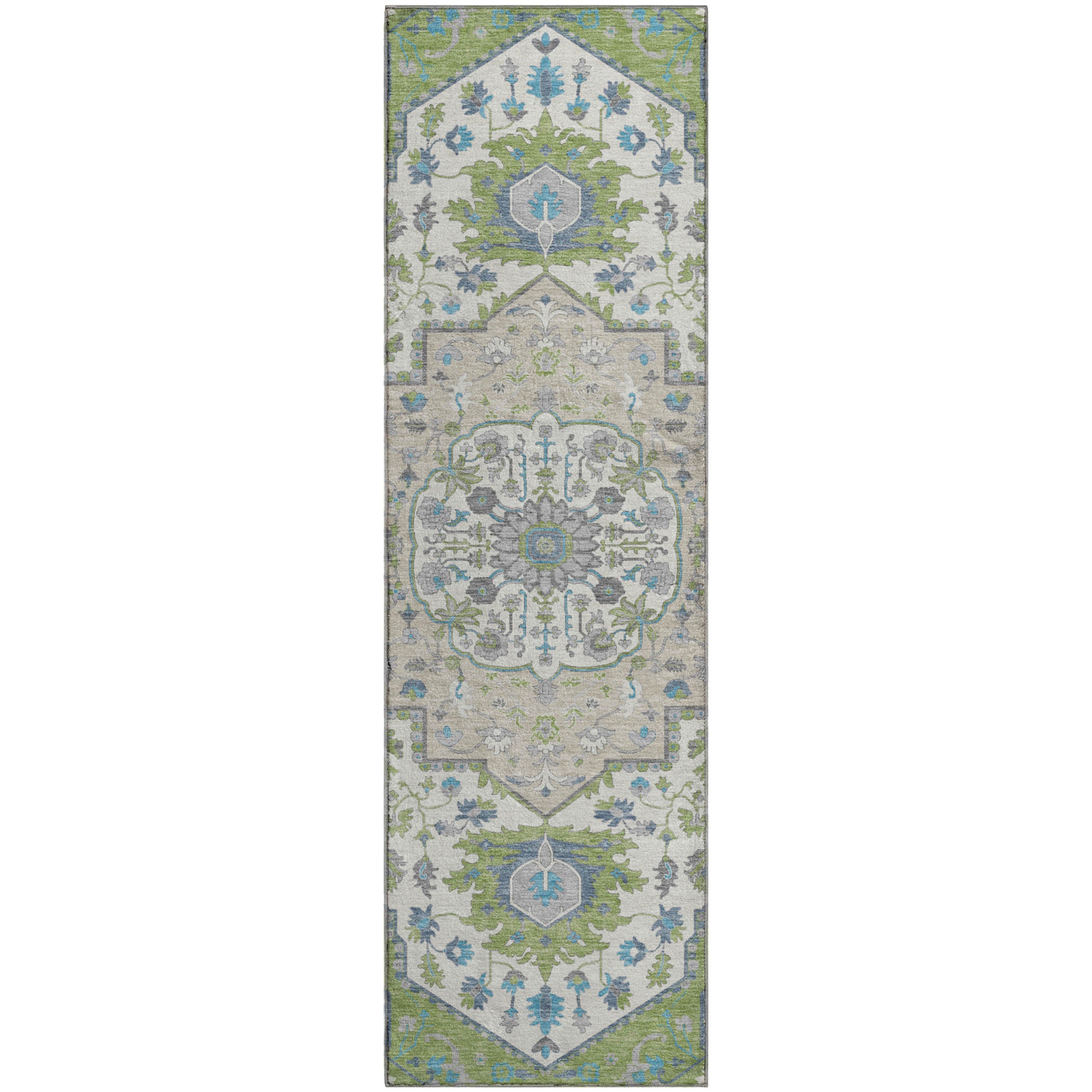 Oslo Machine Washable Traditional Aloe Green Rug 2'3" x 7'6" #shape_Runner