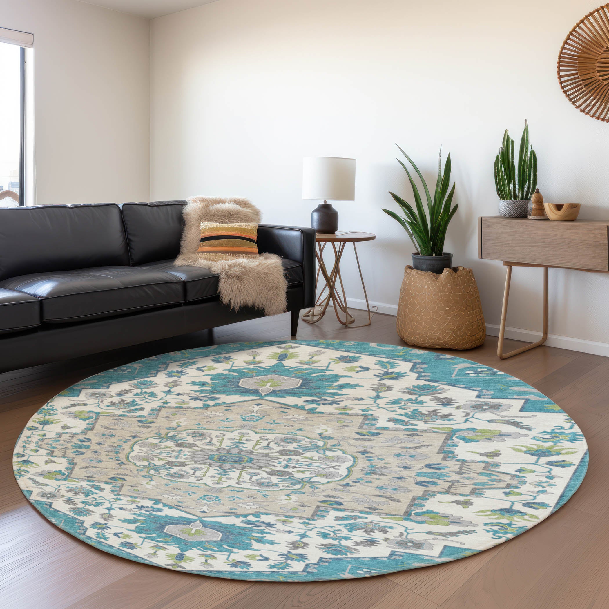 Oslo Machine Washable Traditional Teal Rug 8' x 8' #shape_Round