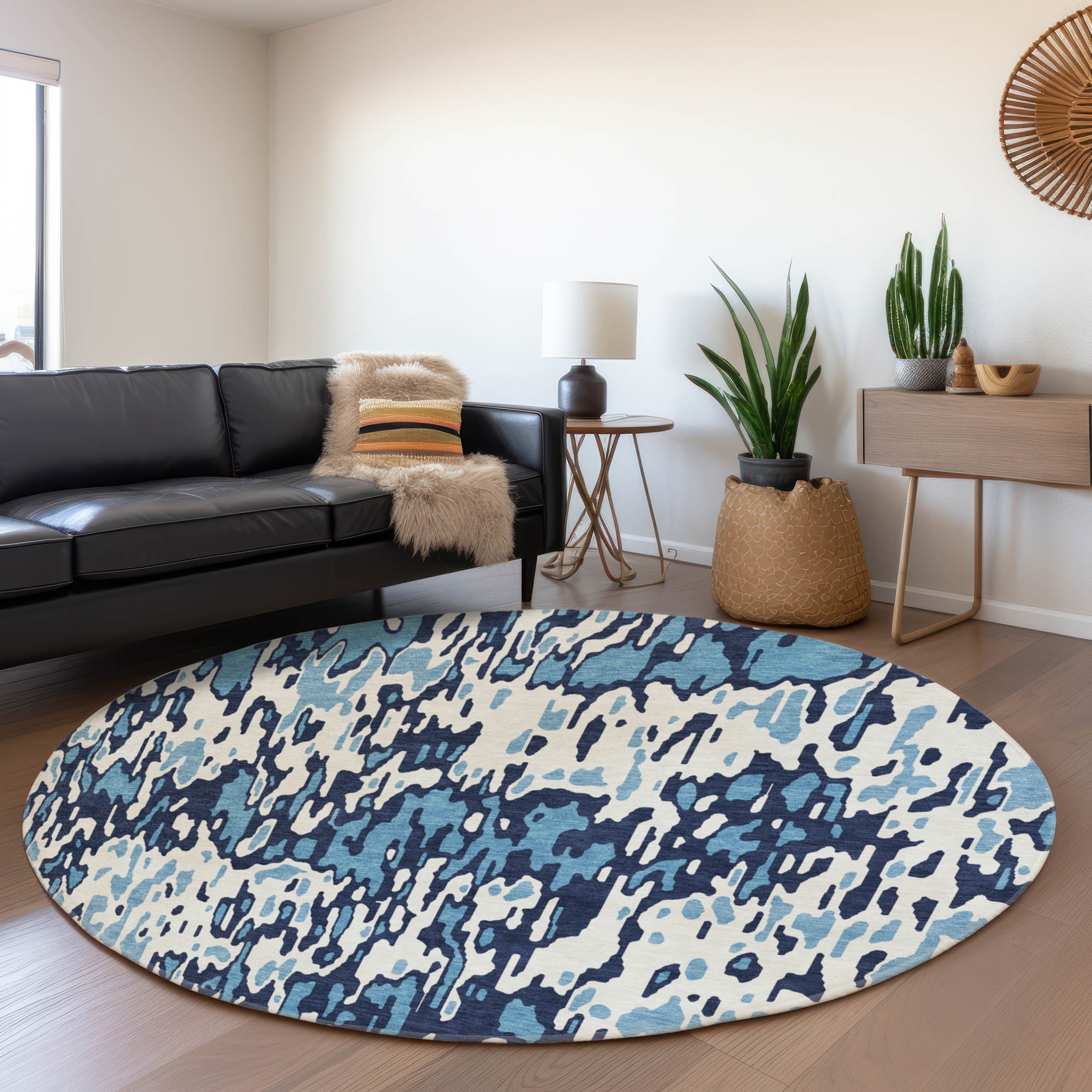 Luang Prabang Machine Washable Transitional Blue Rug 8' x 8' #shape_Round