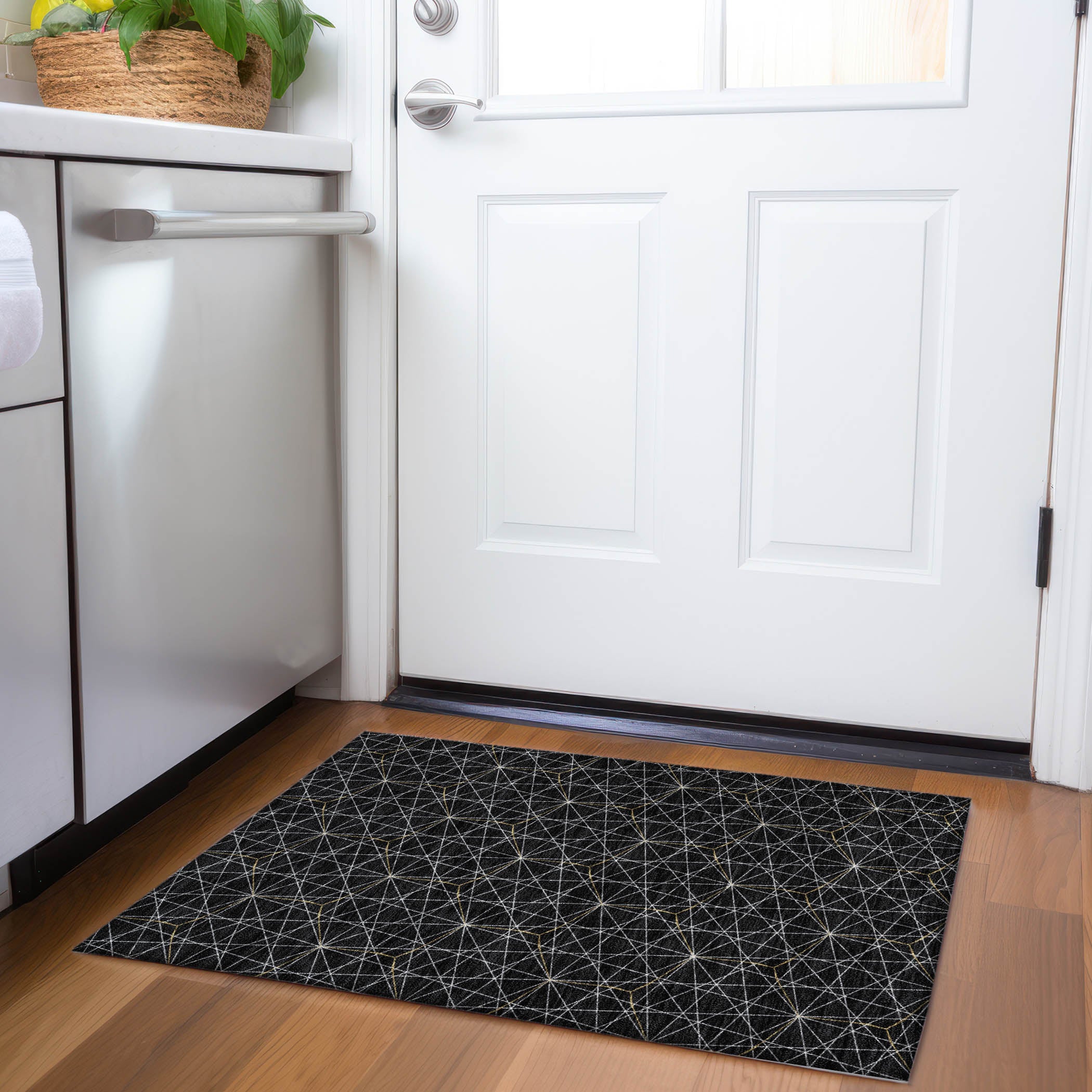 Prague Machine Washable Transitional Black Rug 1'8" x 2'6" #shape_Rectangle