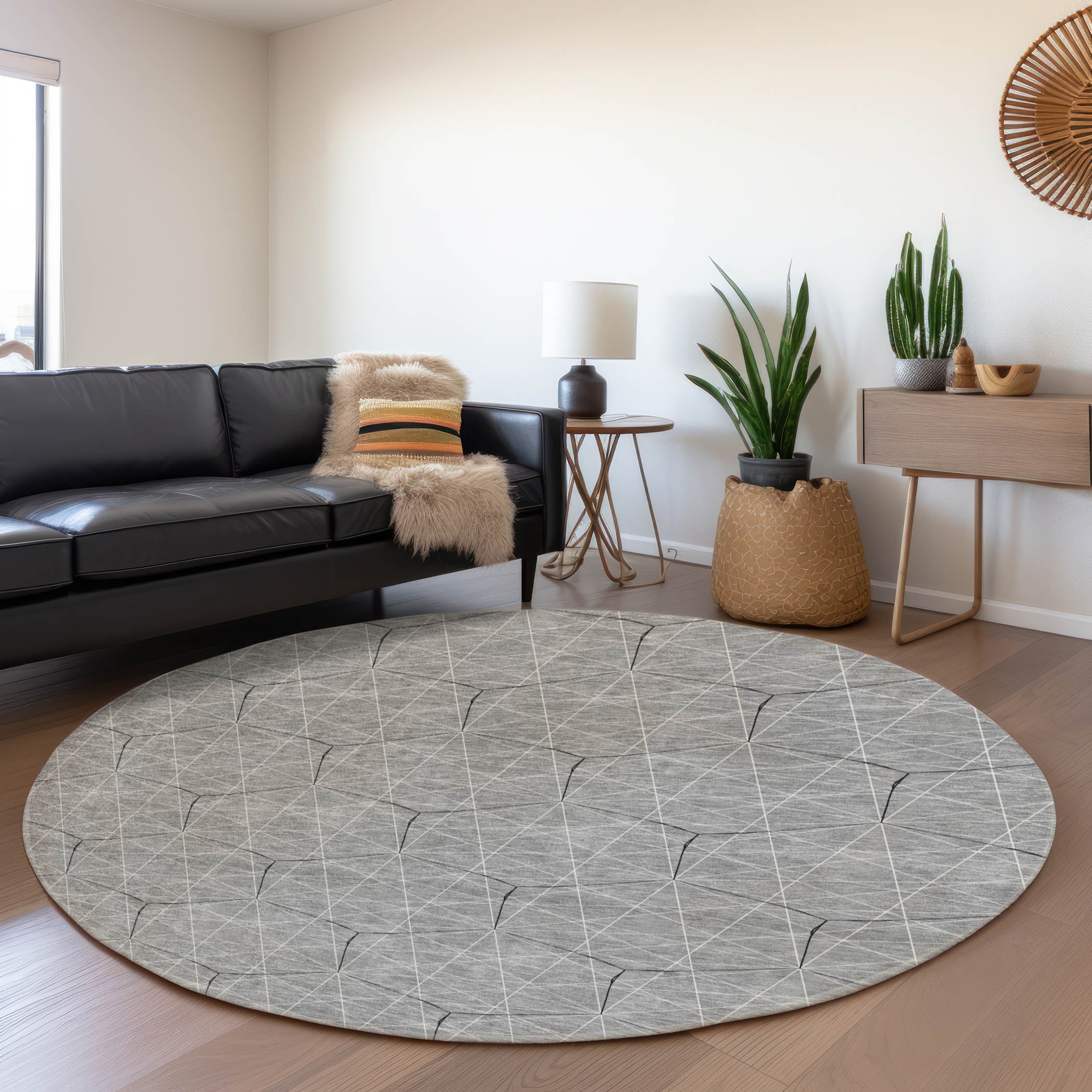 Prague Machine Washable Transitional Gray Rug 8' x 8' #shape_Round