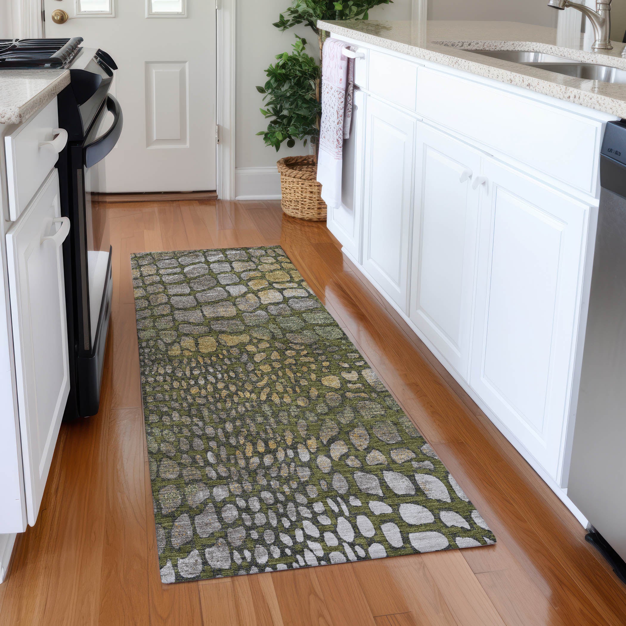 Sintra Machine Washable Transitional Olive Green Rug 2'3" x 7'6" #shape_Runner