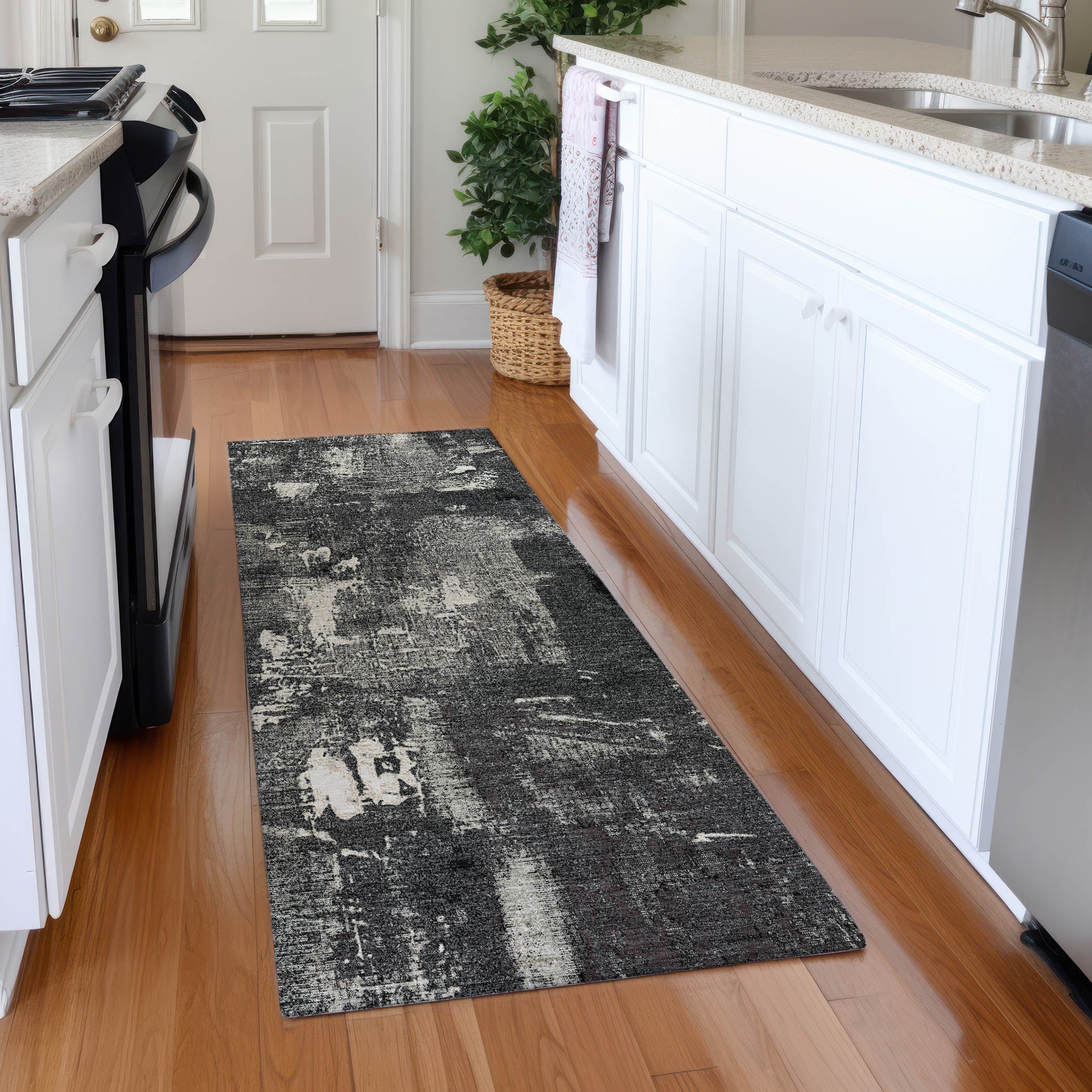 Antigua Machine Washable Transitional Black Rug 2'3" x 7'6" #shape_Runner