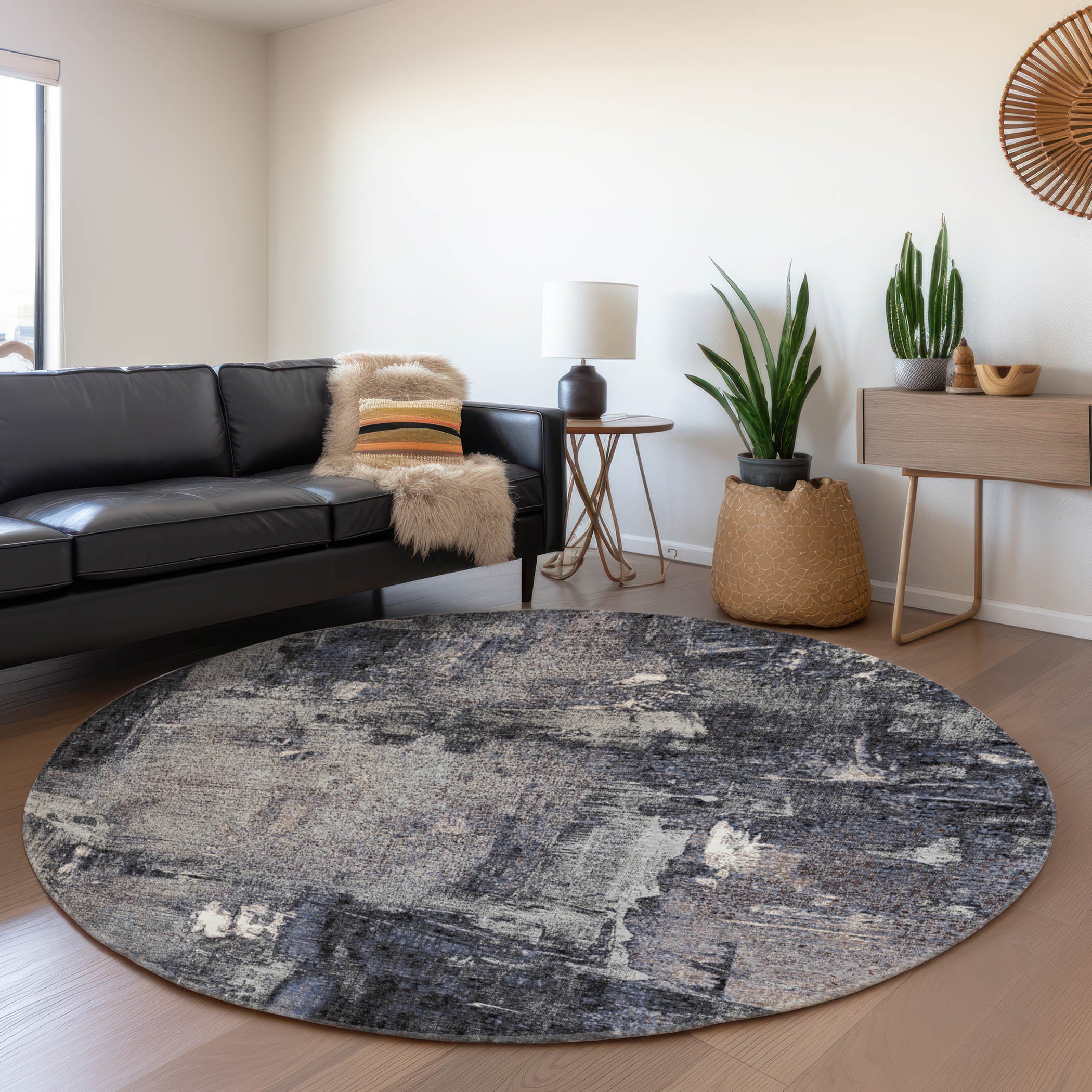 Antigua Machine Washable Transitional Charcoal Gray Rug 8' x 8' #shape_Round