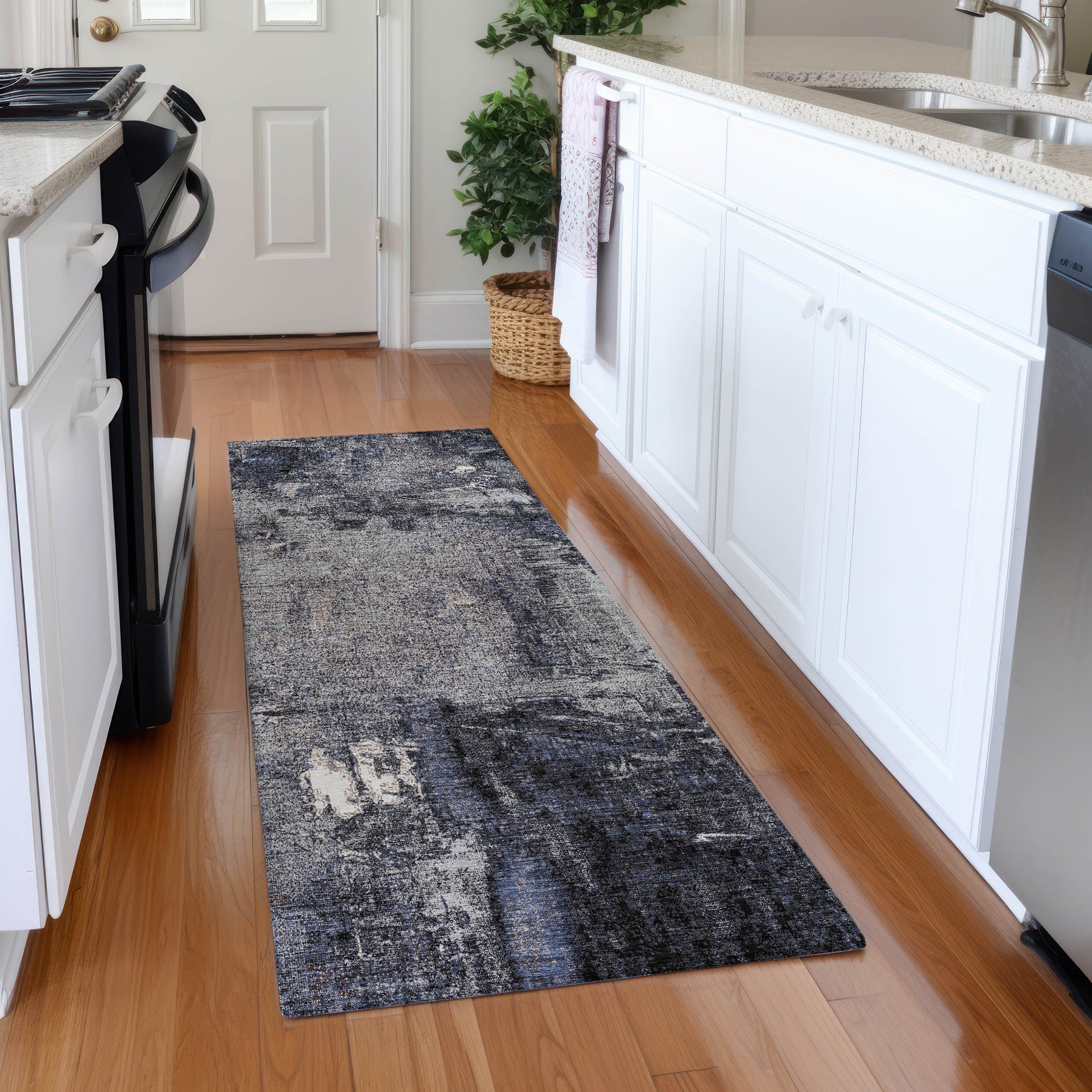 Antigua Machine Washable Transitional Charcoal Gray Rug 2'3" x 7'6" #shape_Runner