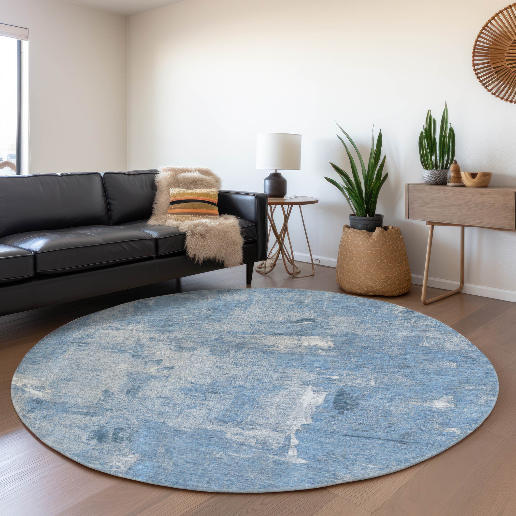 Antigua Machine Washable Transitional Denim Blue Rug 8' x 8' #shape_Round