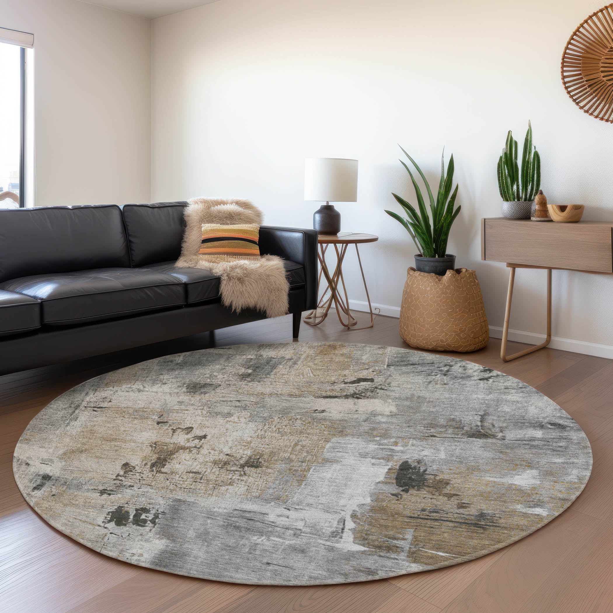 Antigua Machine Washable Transitional Gray Rug 8' x 8' #shape_Round