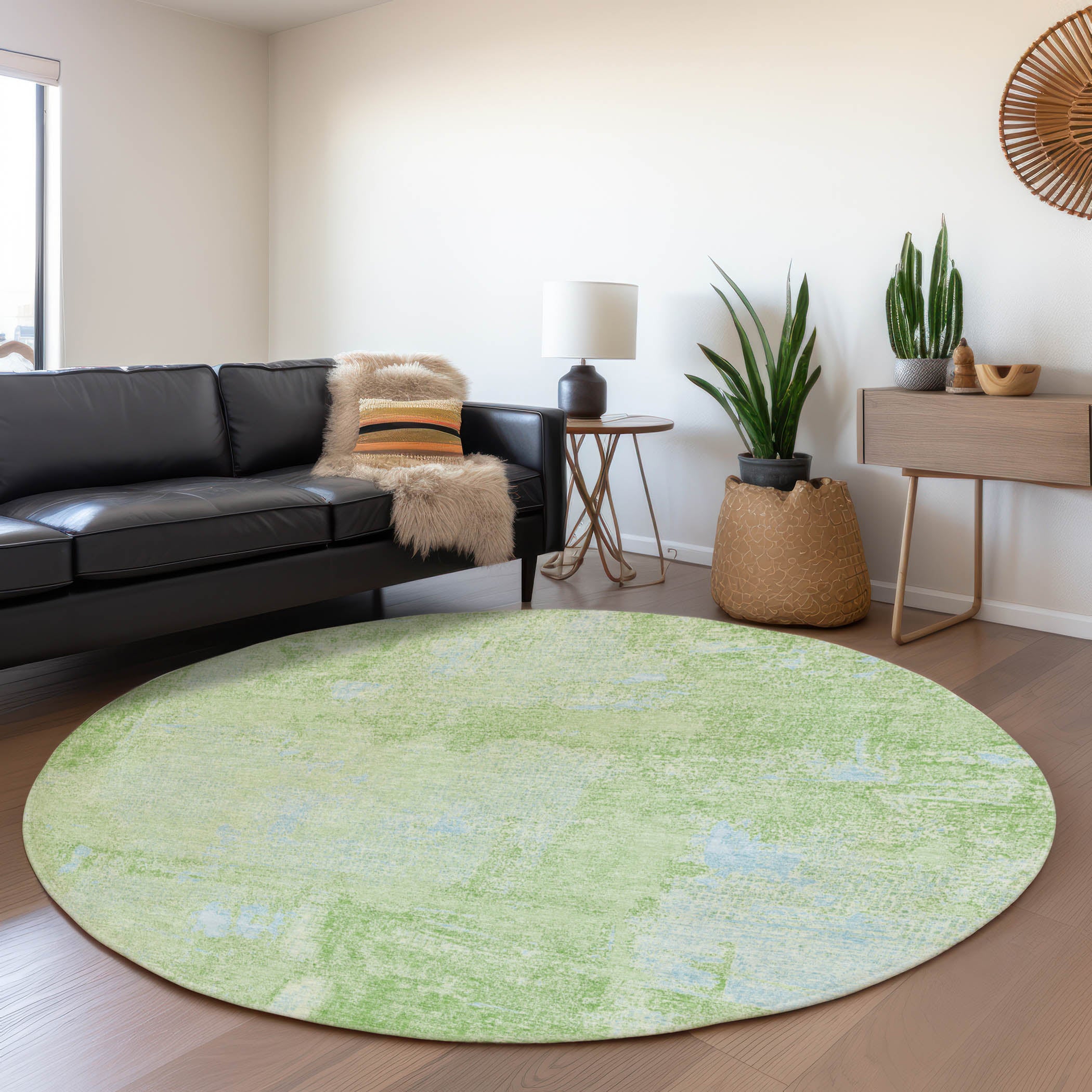 Antigua Machine Washable Transitional Green Rug 8' x 8' #shape_Round
