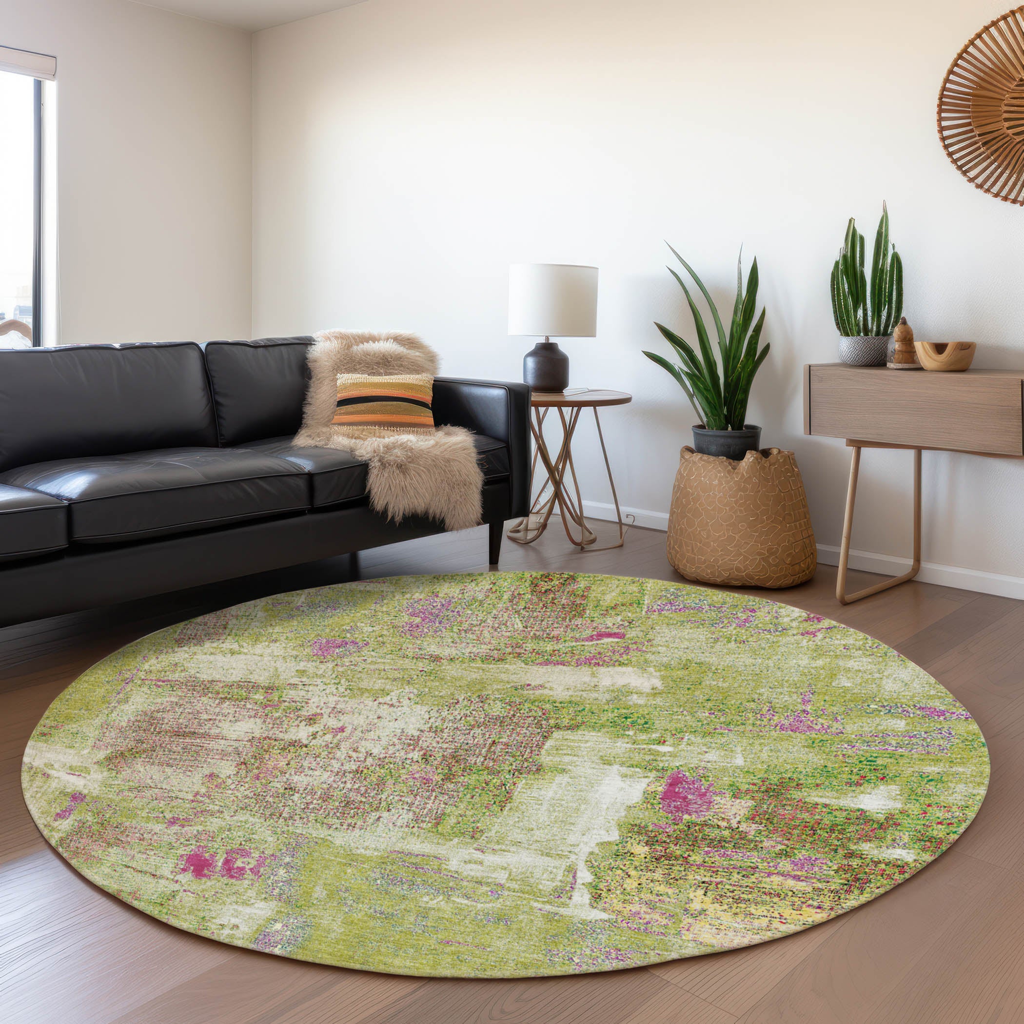 Antigua Machine Washable Transitional Lime Green Rug 8' x 8' #shape_Round