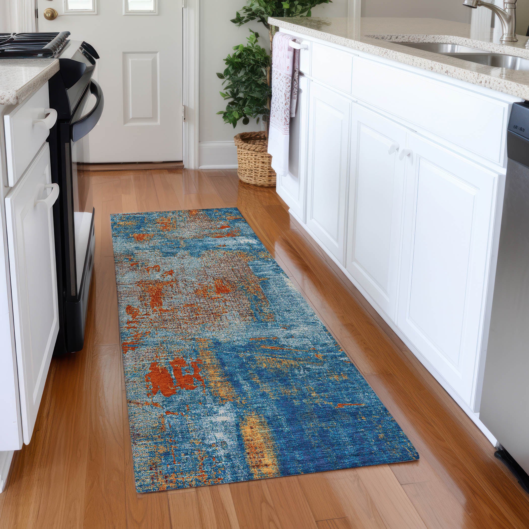 Antigua Machine Washable Transitional Navy Blue Rug 2'3" x 7'6" #shape_Runner