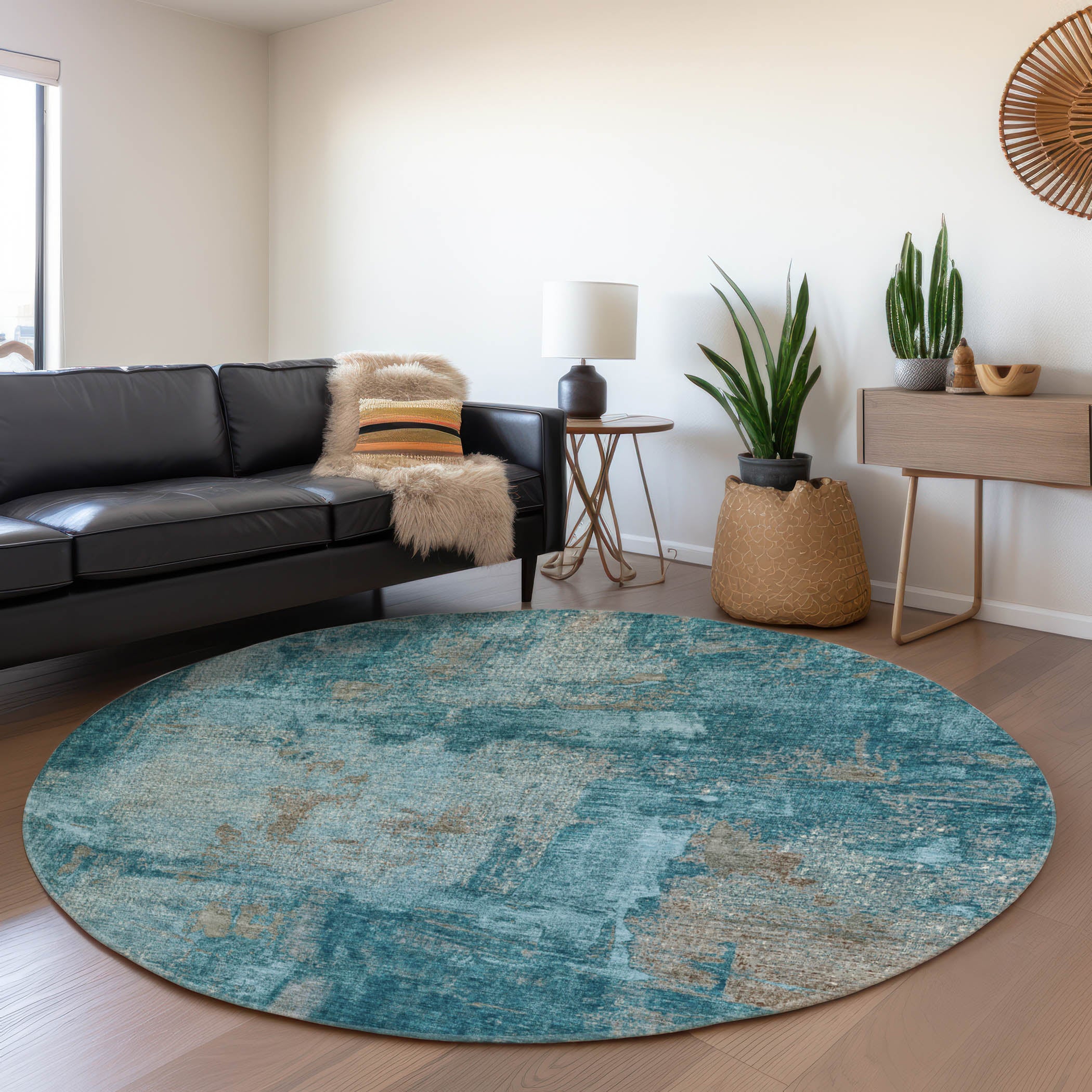 Antigua Machine Washable Transitional Teal Rug 8' x 8' #shape_Round