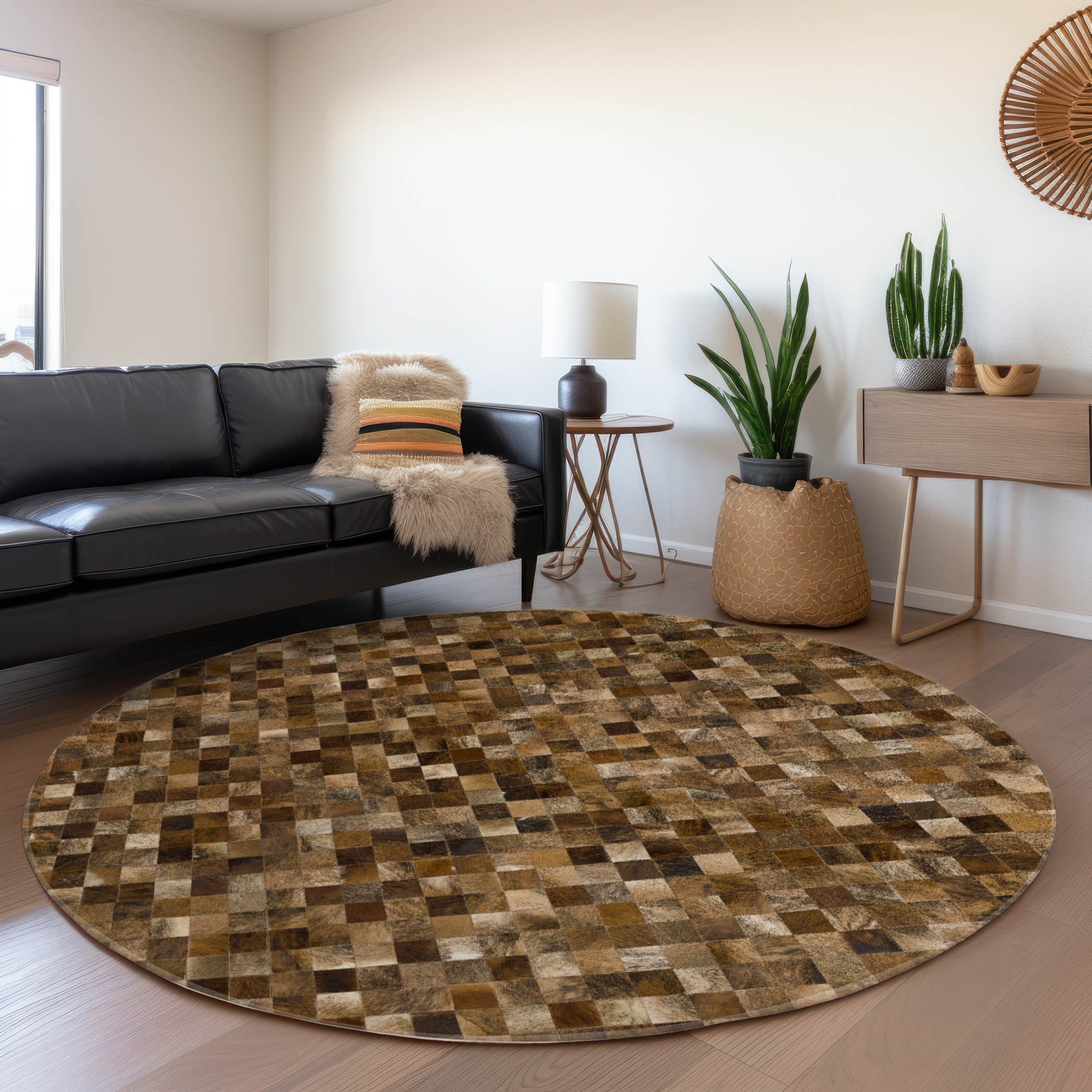 Nairobi Machine Washable Cowhide Brown Browns Rug 8' x 8' #shape_Round