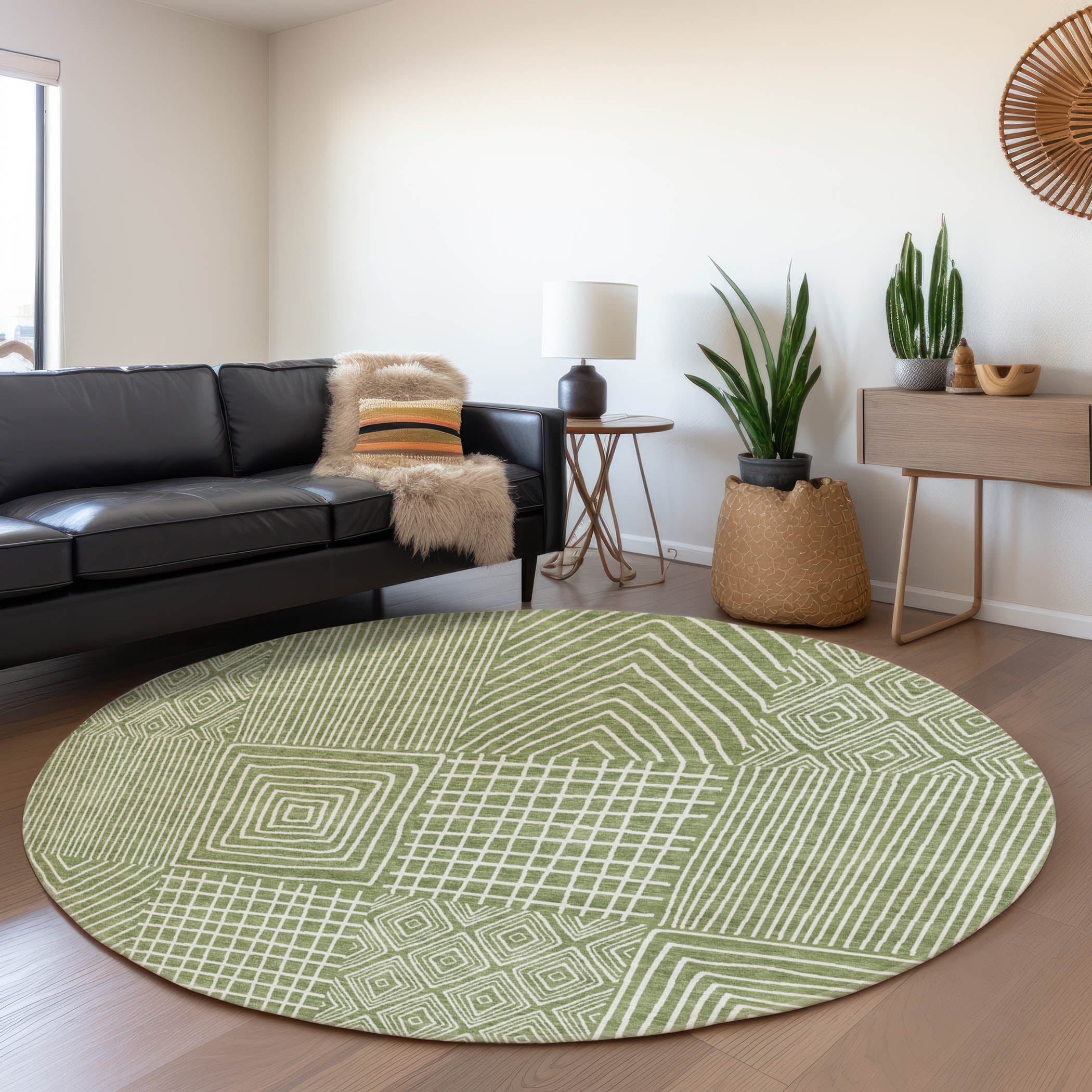 Athens Machine Washable Transitional Green Rug 8' x 8' #shape_Round