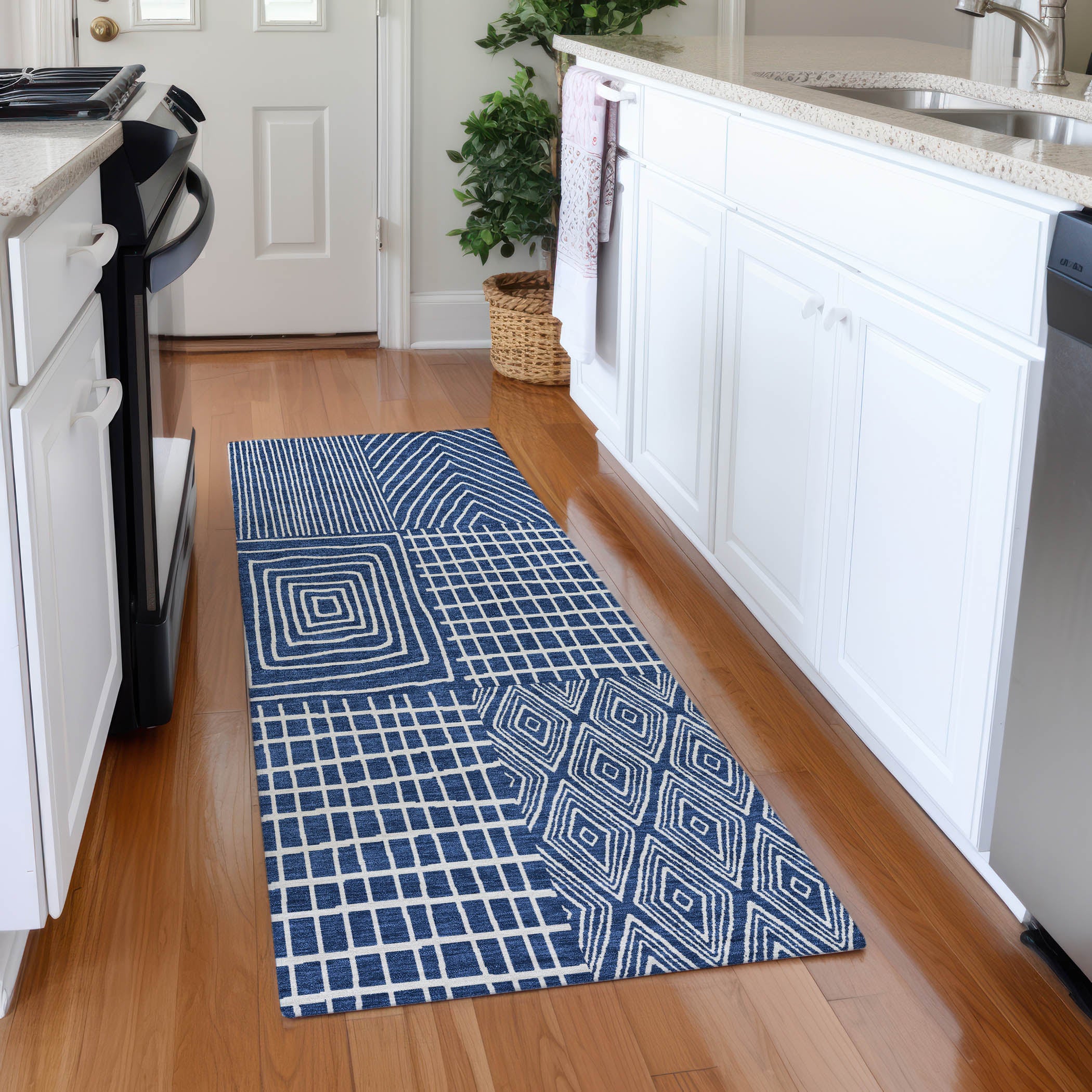 Athens Machine Washable Transitional Navy Blue Rug 2'3" x 7'6" #shape_Runner