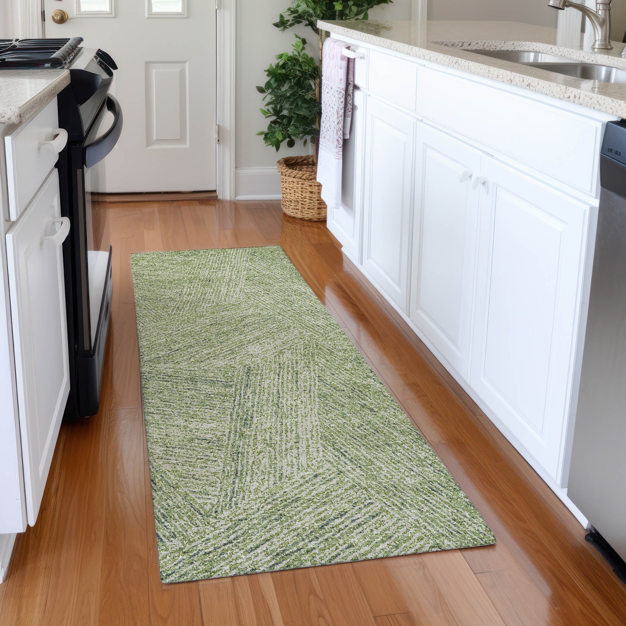 Lisbon Machine Washable Transitional Aloe Green Rug 2'3" x 7'6" #shape_Runner