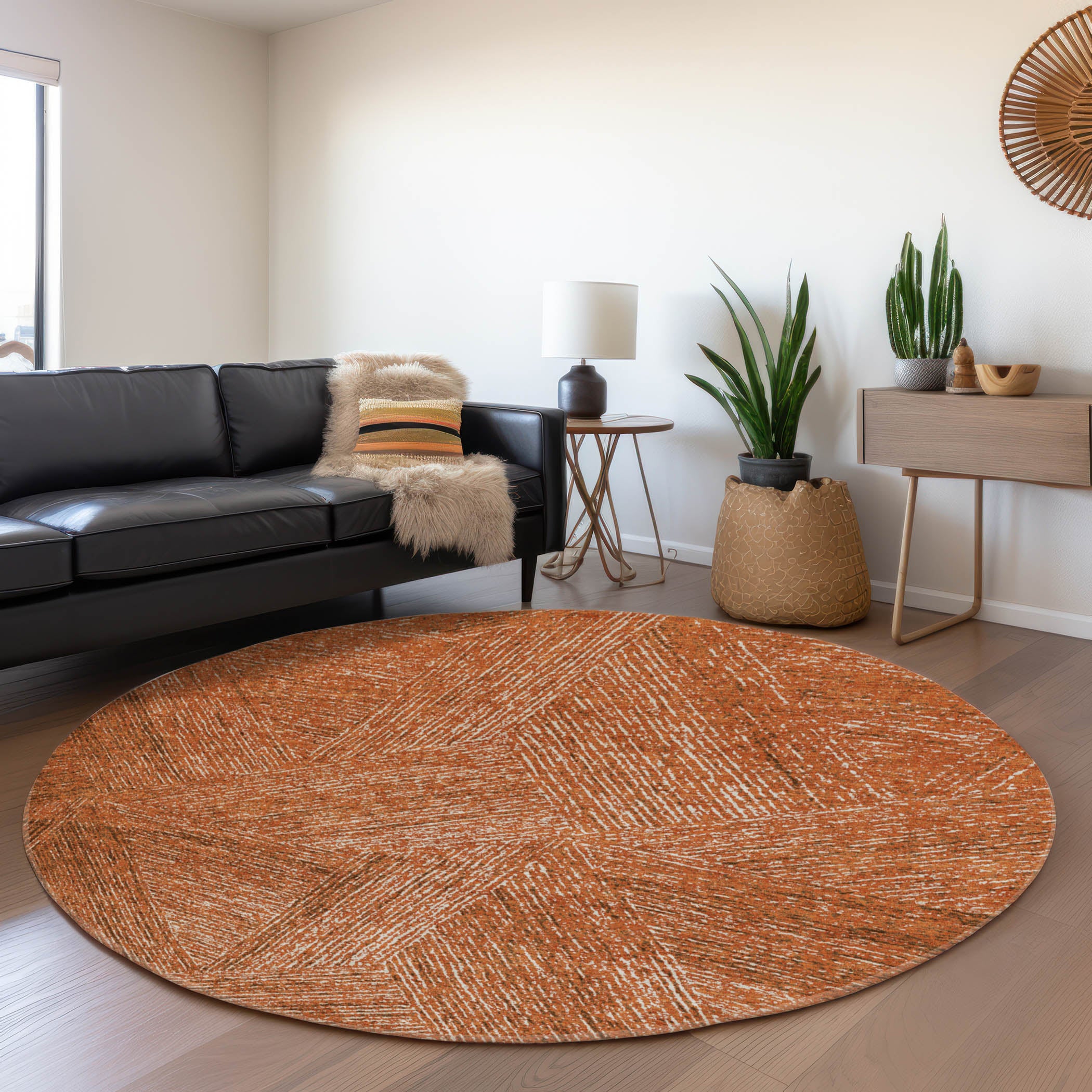 Lisbon Machine Washable Transitional Copper Orange Rug 8' x 8' #shape_Round