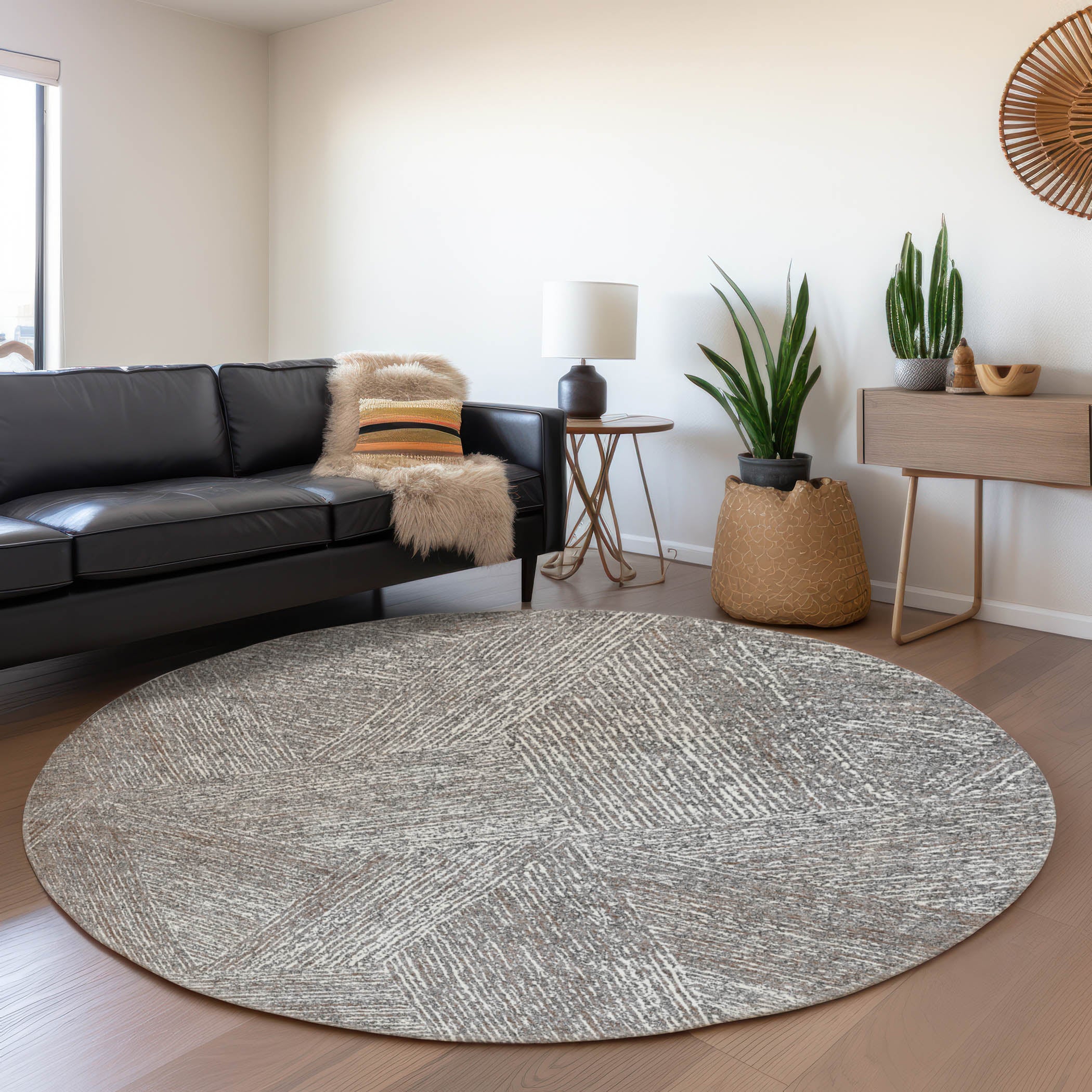 Lisbon Machine Washable Transitional Gray Rug 8' x 8' #shape_Round