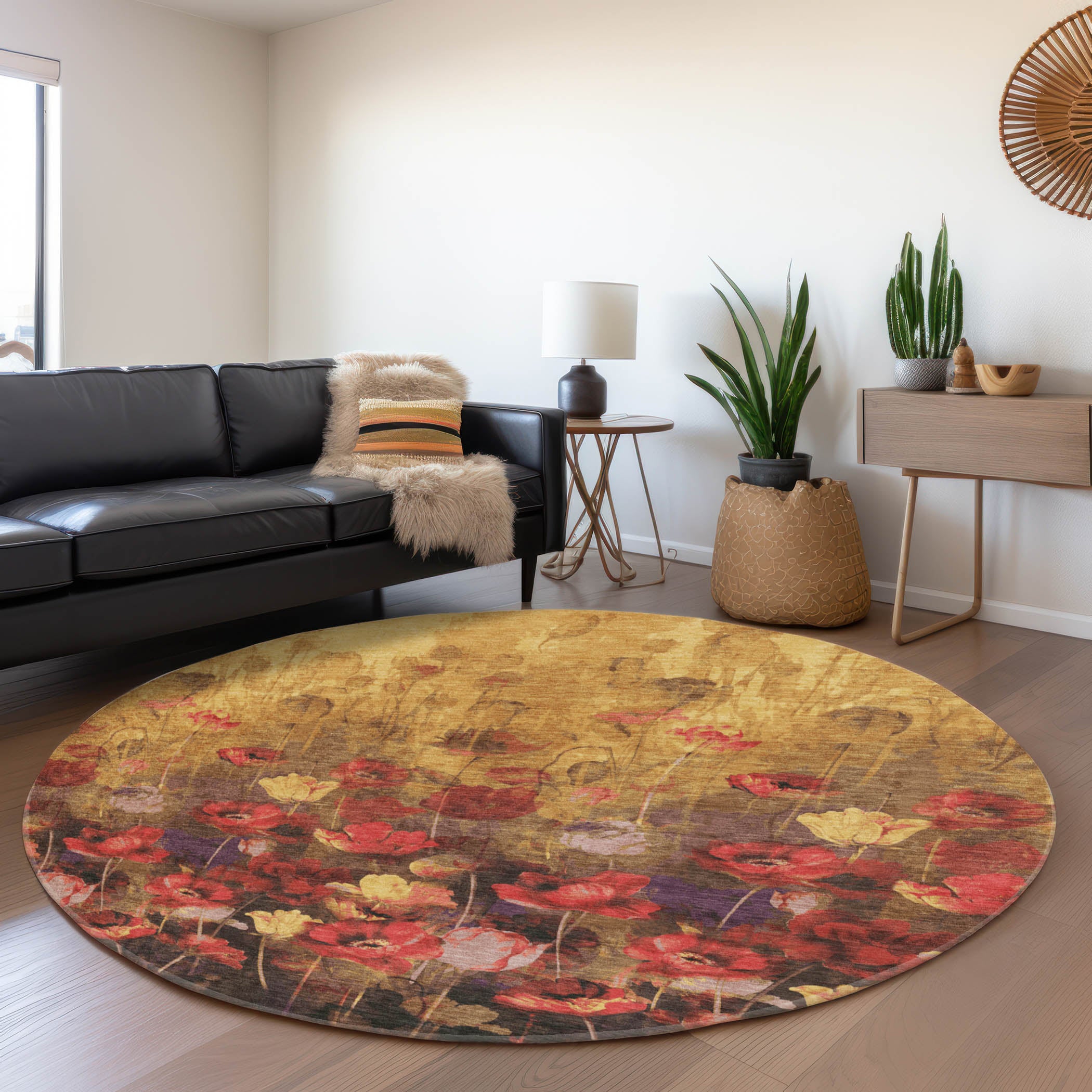 Lisbon Machine Washable Transitional Gold Rug 8' x 8' #shape_Round