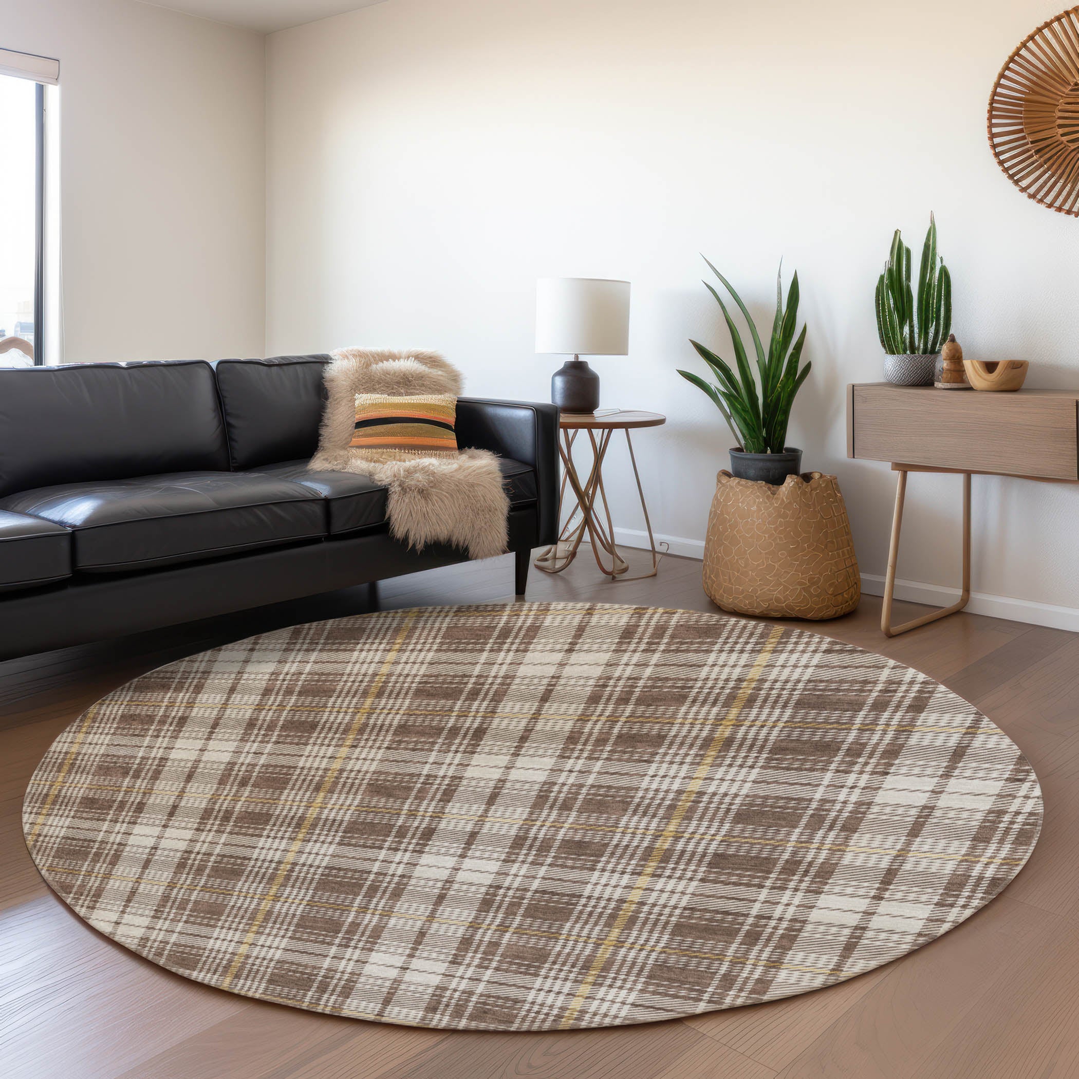 Budapest Machine Washable Transitional Brown Rug 8' x 8' #shape_Round