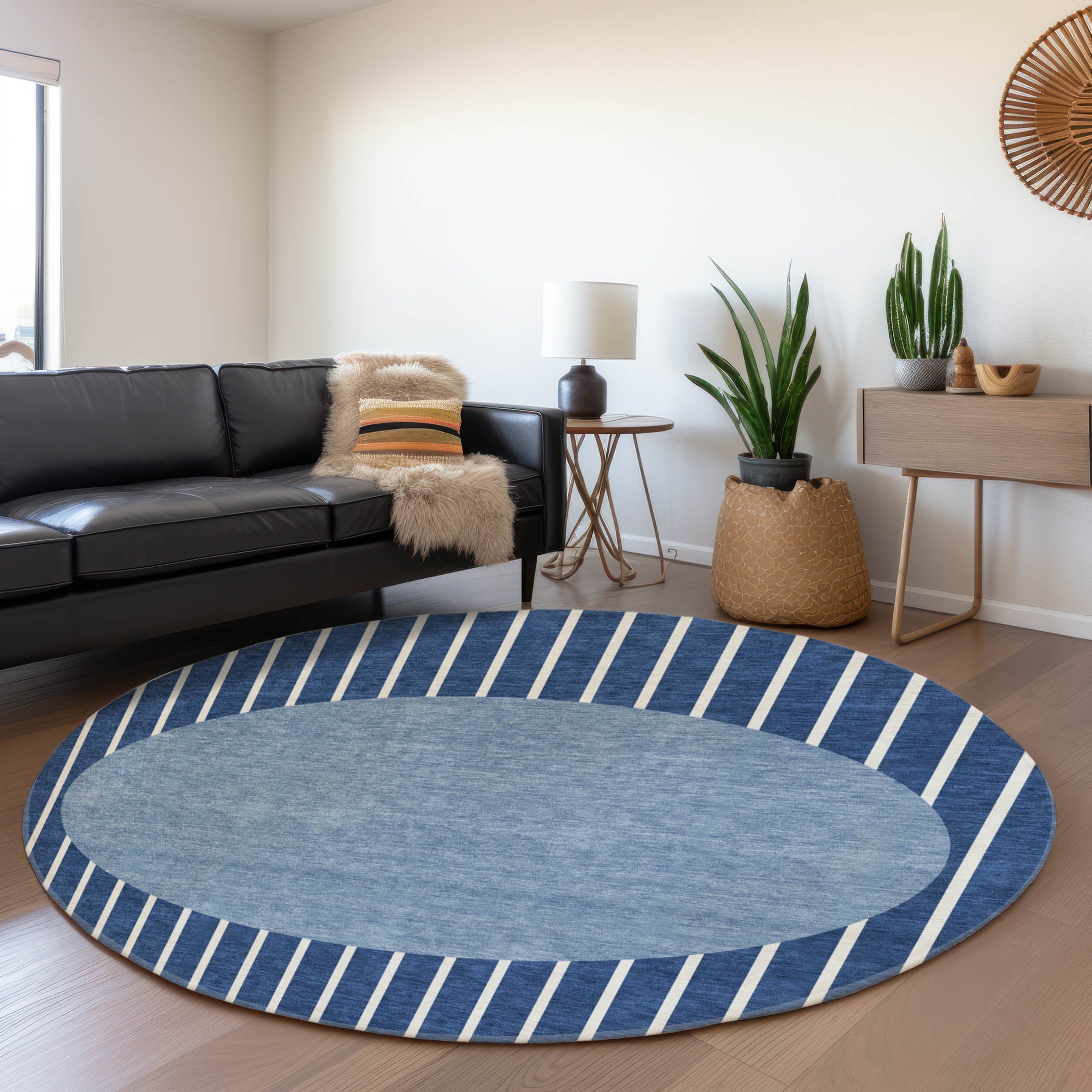 Sintra Machine Washable Transitional Navy Blue Rug 8' x 8' #shape_Round