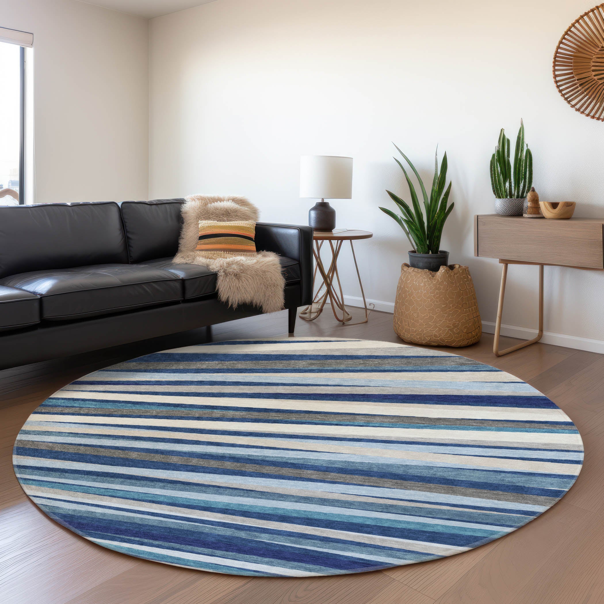 Tallinn Machine Washable Transitional Navy Blue Rug 8' x 8' #shape_Round