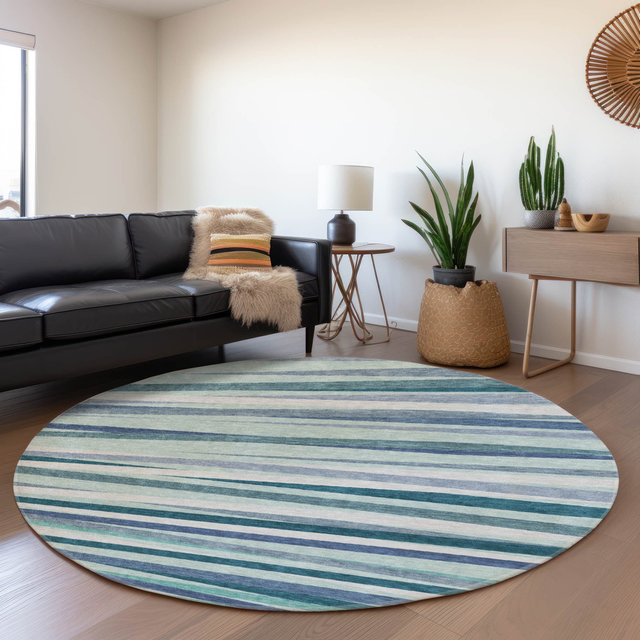 Tallinn Machine Washable Transitional Teal Rug 8' x 8' #shape_Round