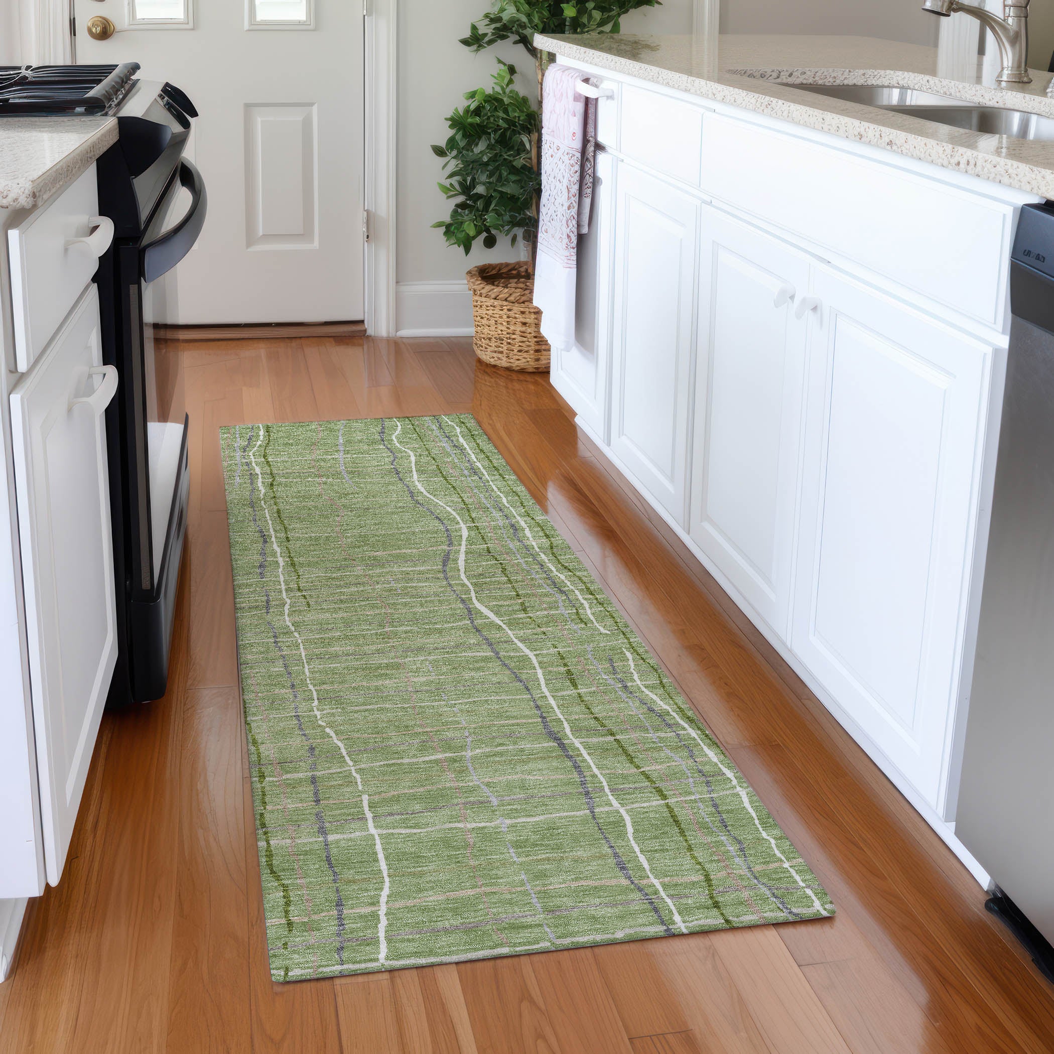 Baku Machine Washable Transitional Green Rug 2'3" x 7'6" #shape_Runner