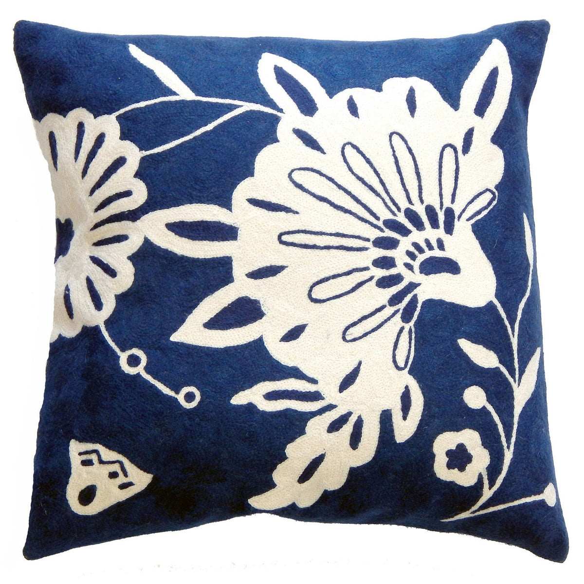 Crewel Cotton Cushion Floral Blue/White #_shape=Square