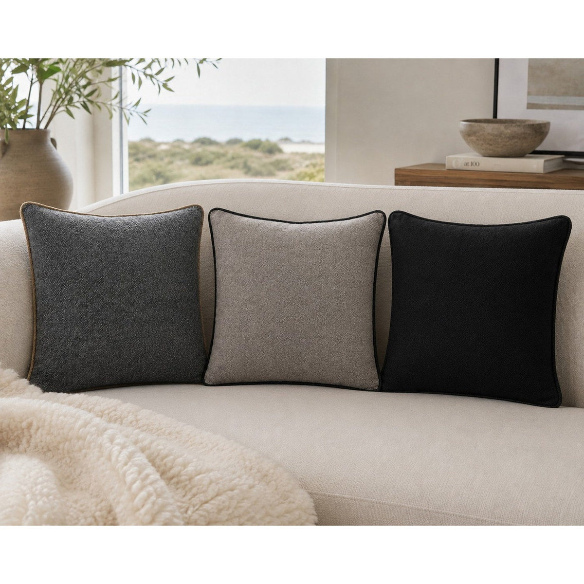 Alpaca/recycled Nylon Cushion Clara With Trim Grey 2