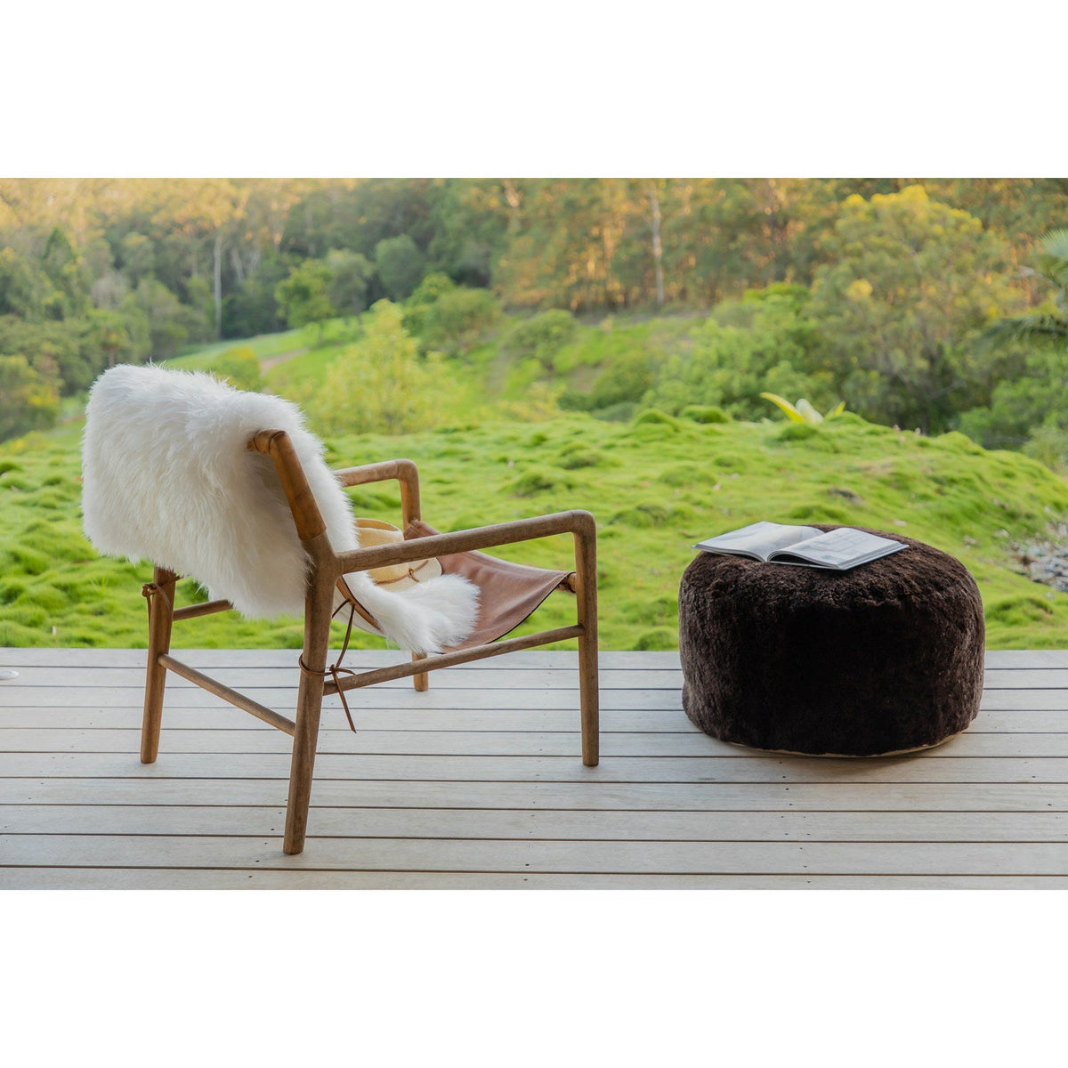Shorn Curly Sheepskin Ottoman 12x24x24" Cafecito 3