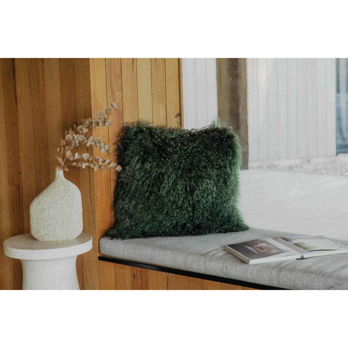 Longwool Tibetan Lamb Cushion Tibetan Sheepskin Loden Green 3