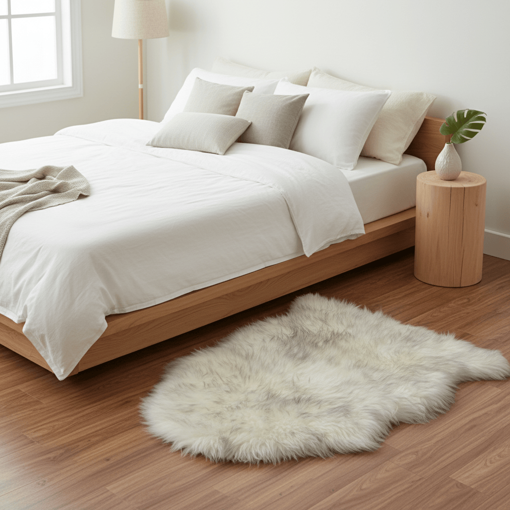 Fluffy white rug on a wooden floor in a bedroom with a bed and side table. #size_2' x 3'