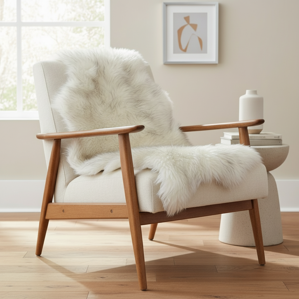Wooden armchair with a white fur cover in a room with a window and decor. #size_2' x 3'