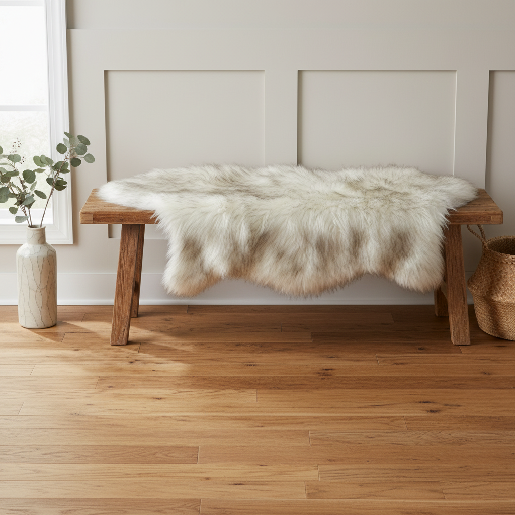 Wooden bench with a fur cover in a room with wooden flooring and a white wall. #size_2' x 3'