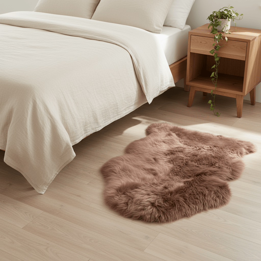 Fluffy brown rug on a wooden floor next to a bed with white bedding.#size_2' x 3'
