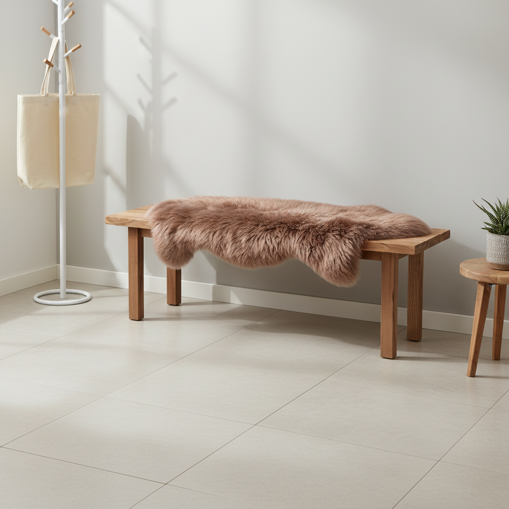 Wooden bench with a fur cover in a room with a lamp and small table. #size_2' x 3