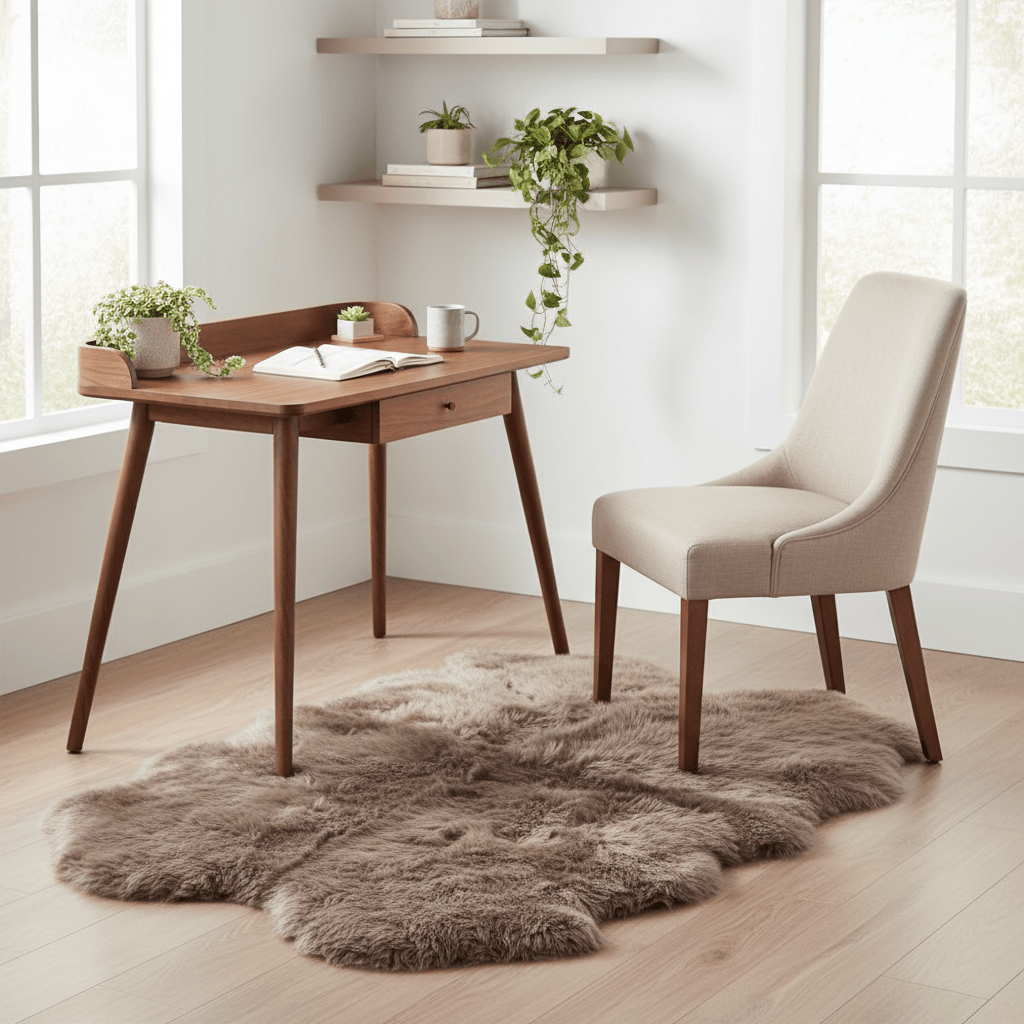 Wooden desk with chair in a bright room with plants and a rug. #size_4' x 6'