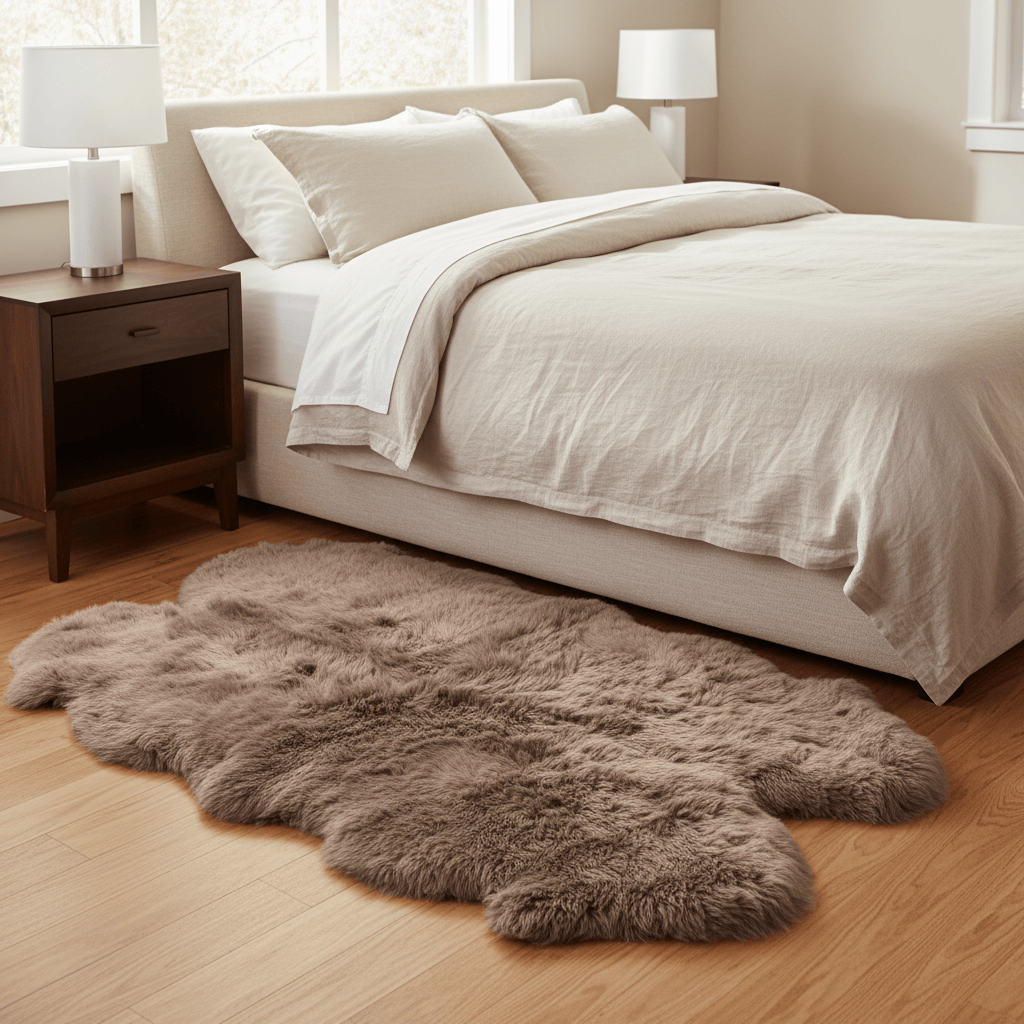 Fluffy brown rug on a wooden floor in front of a neatly made bed with white bedding. #size_4' x 6'