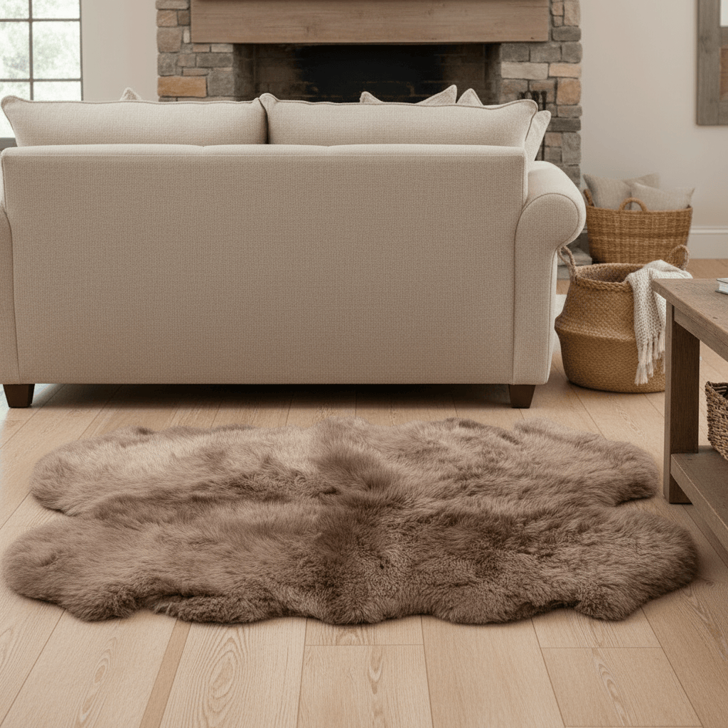 Brown fur rug on a wooden floor in a living room with a beige sofa and stone fireplace. #size_4' x 6'