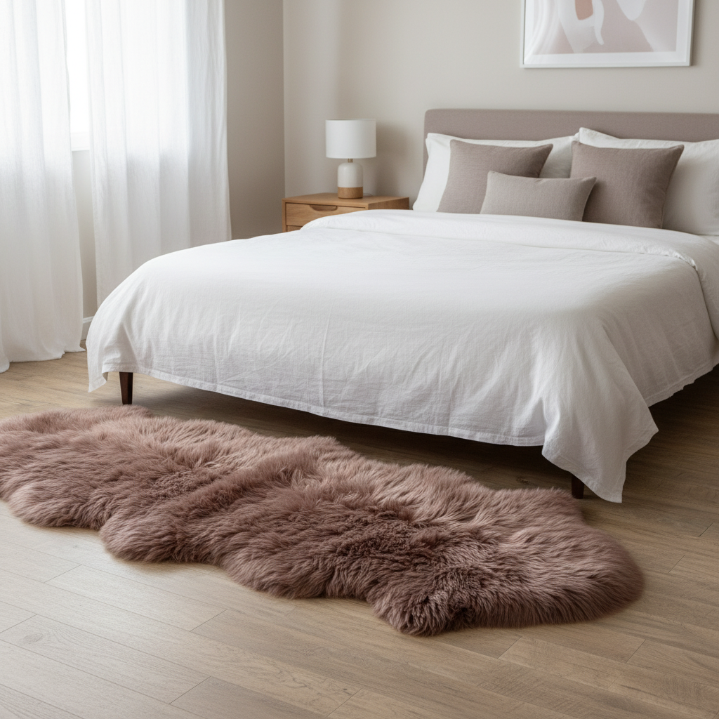 Fluffy pink rug on a wooden floor in front of a bed with white bedding. #size_2' x 6'