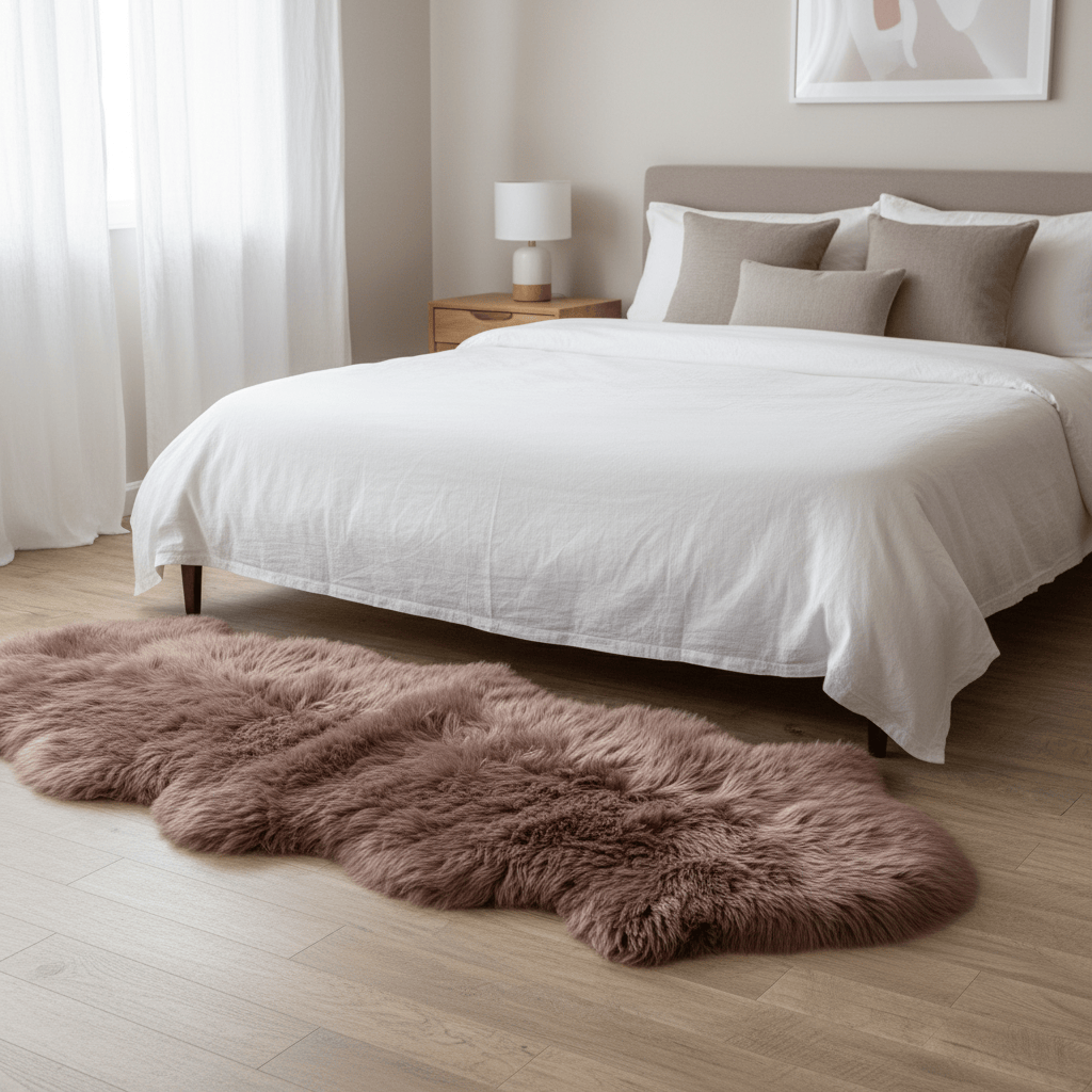 Fluffy pink rug on a wooden floor in front of a bed with white bedding. #size_2' x 6'