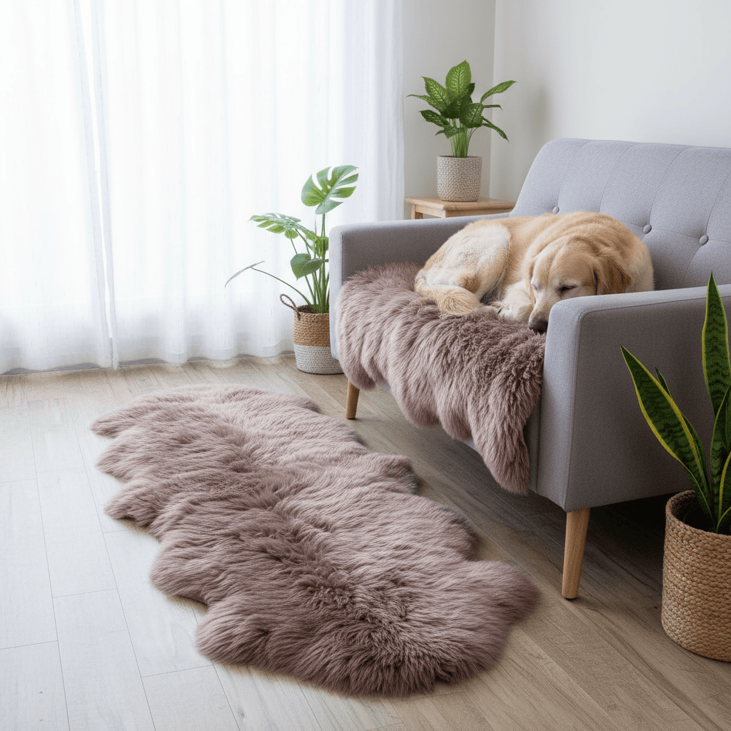 Fluffy pink rug on a wooden floor with a gray sofa and a dog in a living room. #size_2' x 6'