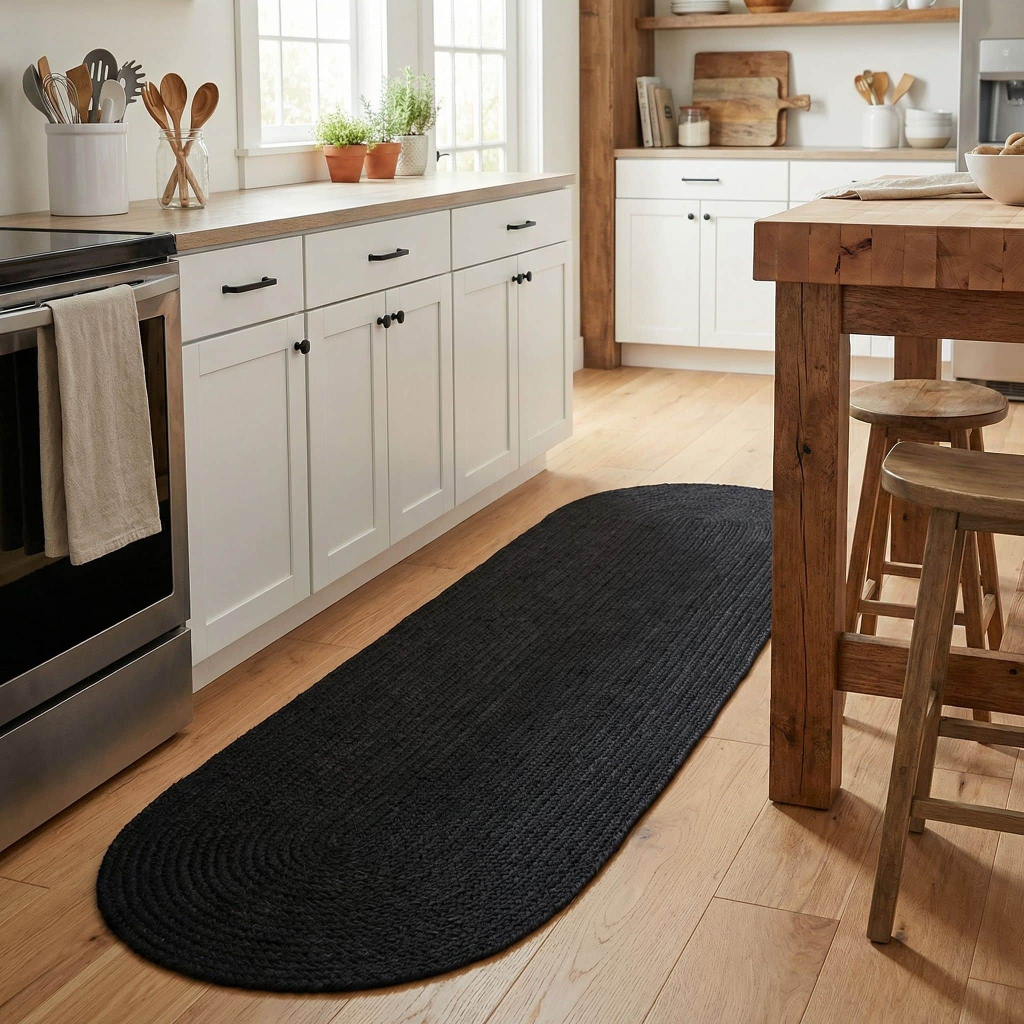 Black Braided Rug - Reversible Solid - Indoor Outdoor Kitchen Rug