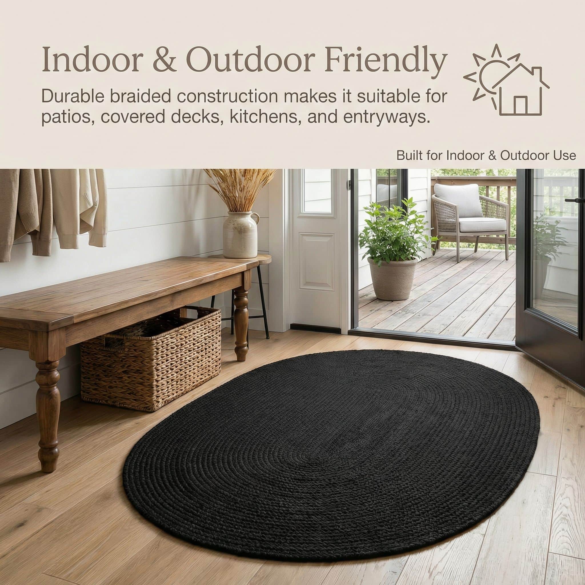 Black Braided Rug - Reversible Solid - Indoor Outdoor Kitchen Rug