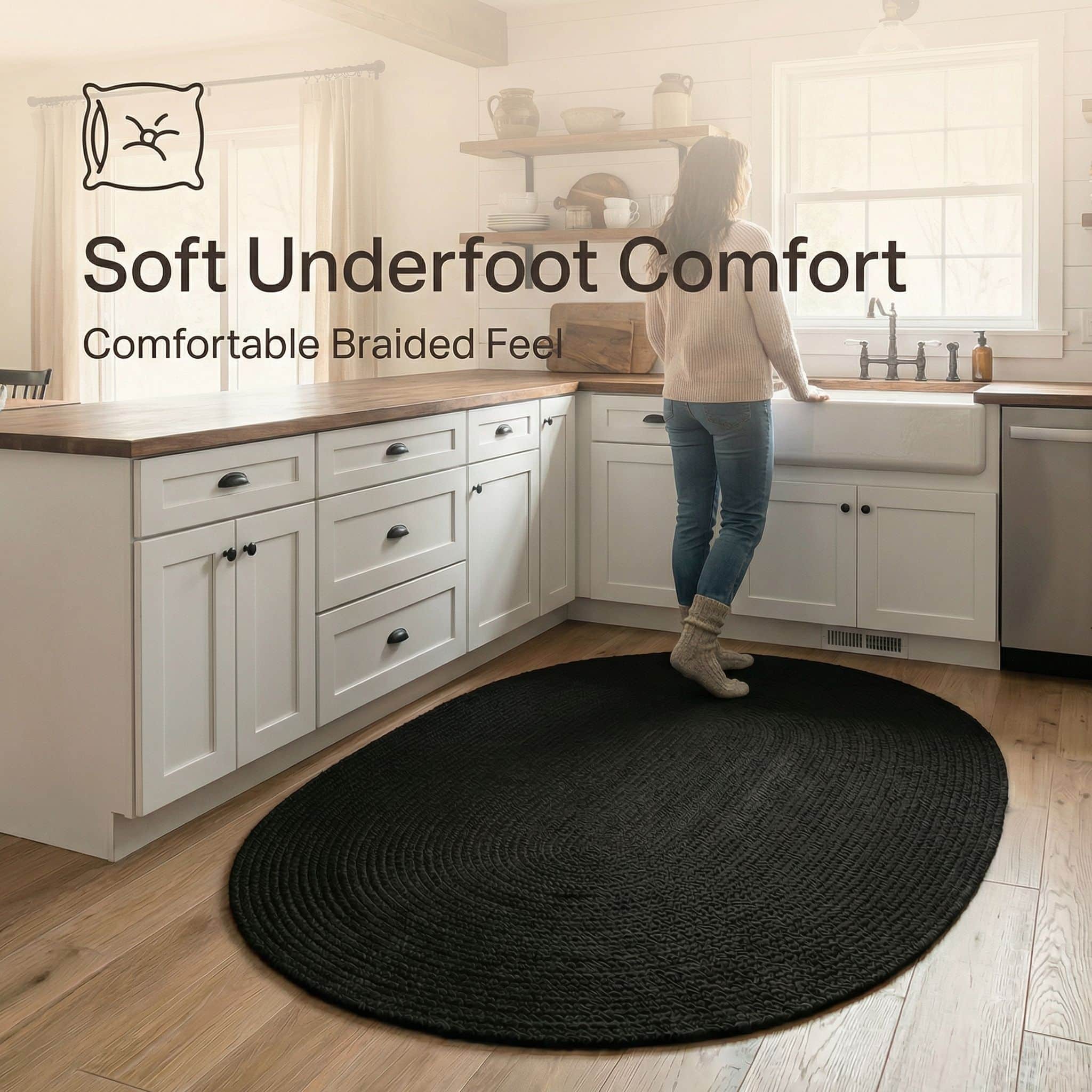 Black Braided Rug - Reversible Solid - Indoor Outdoor Kitchen Rug