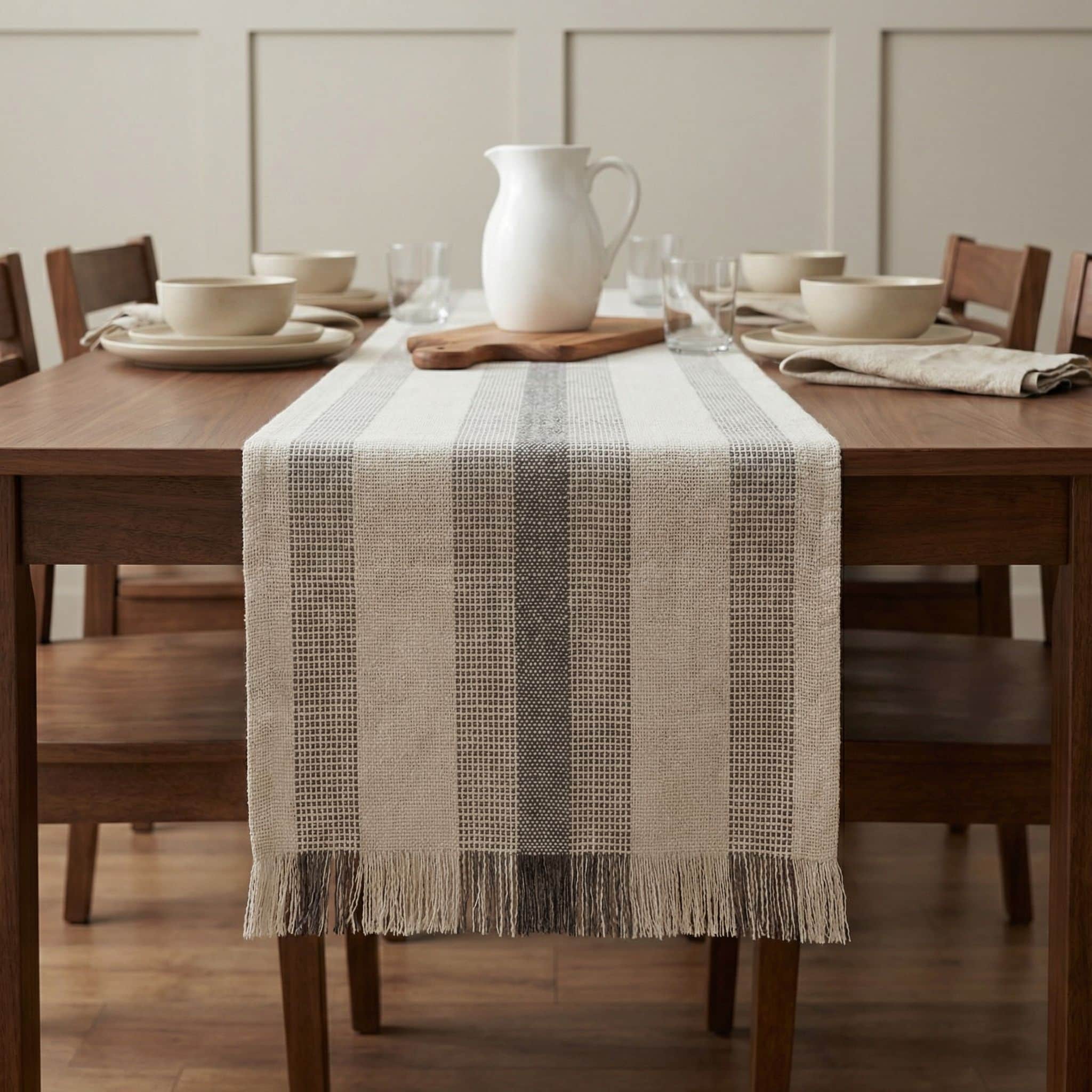 Ivory, Gray Table Runner Cotton Farmhouse Inspired