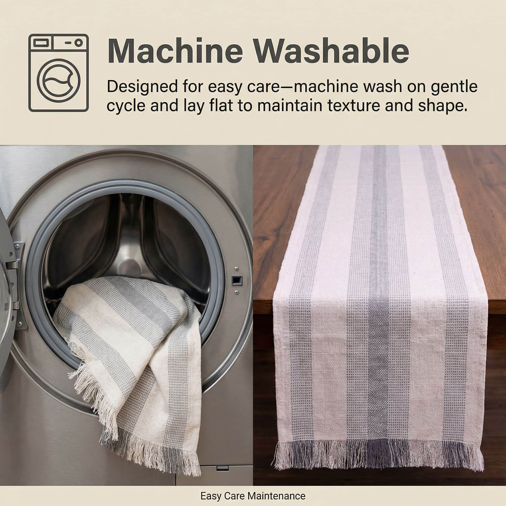 Ivory & Gray Cotton Table Runner – Farmhouse Inspired Washable Dining Runner | 14" x 72"