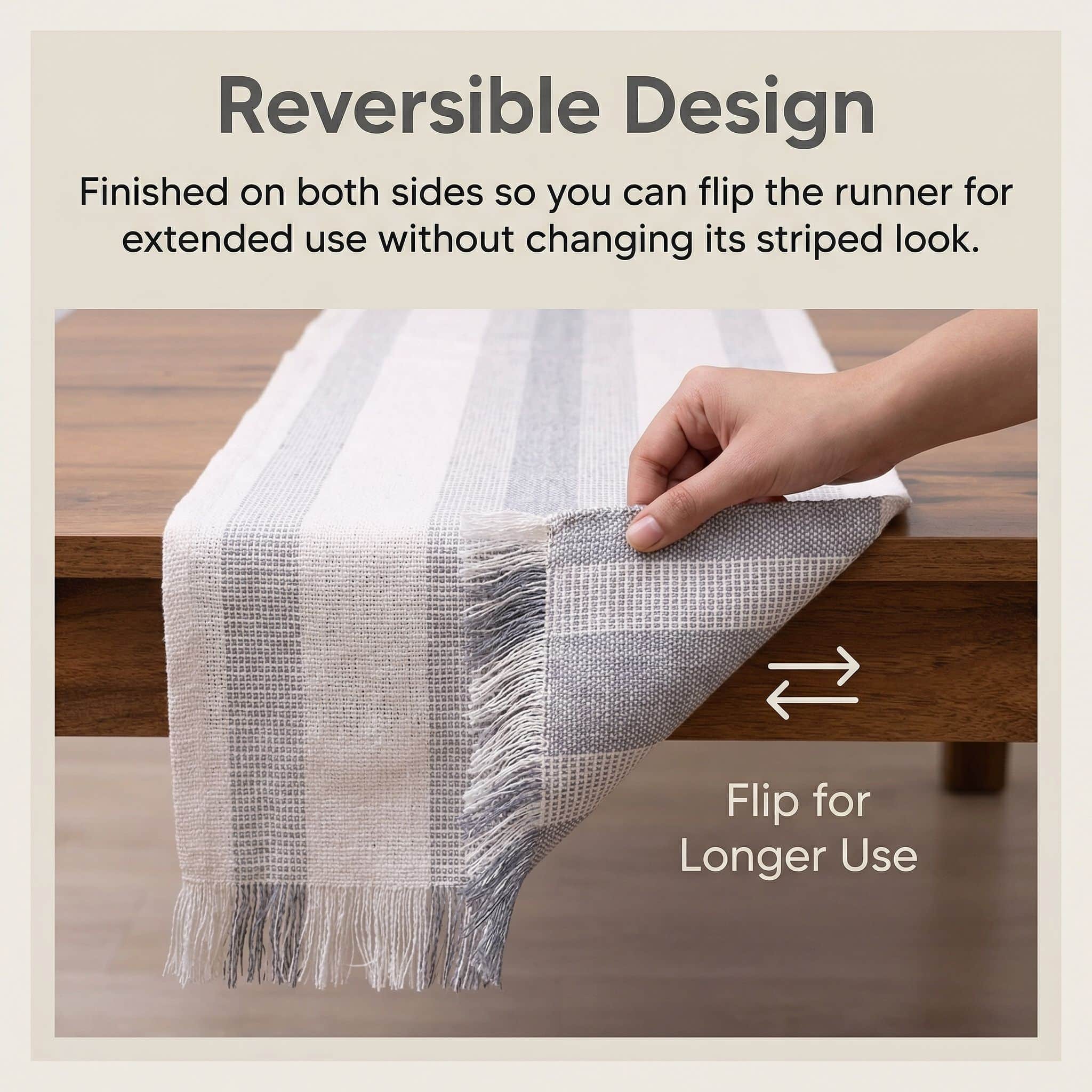 Ivory & Gray Cotton Table Runner – Farmhouse Inspired Washable Dining Runner | 14" x 72"