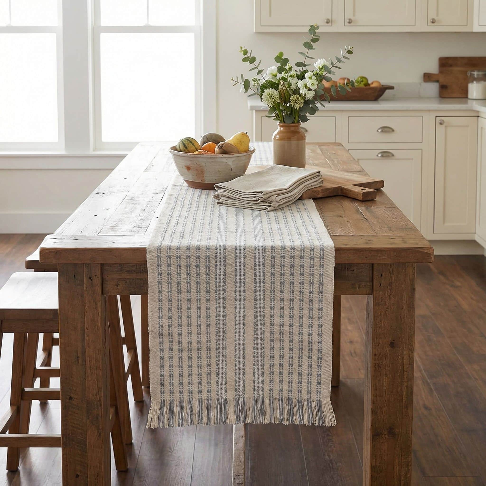 Ivory, Gray Table Runner Cotton Farmhouse Inspired